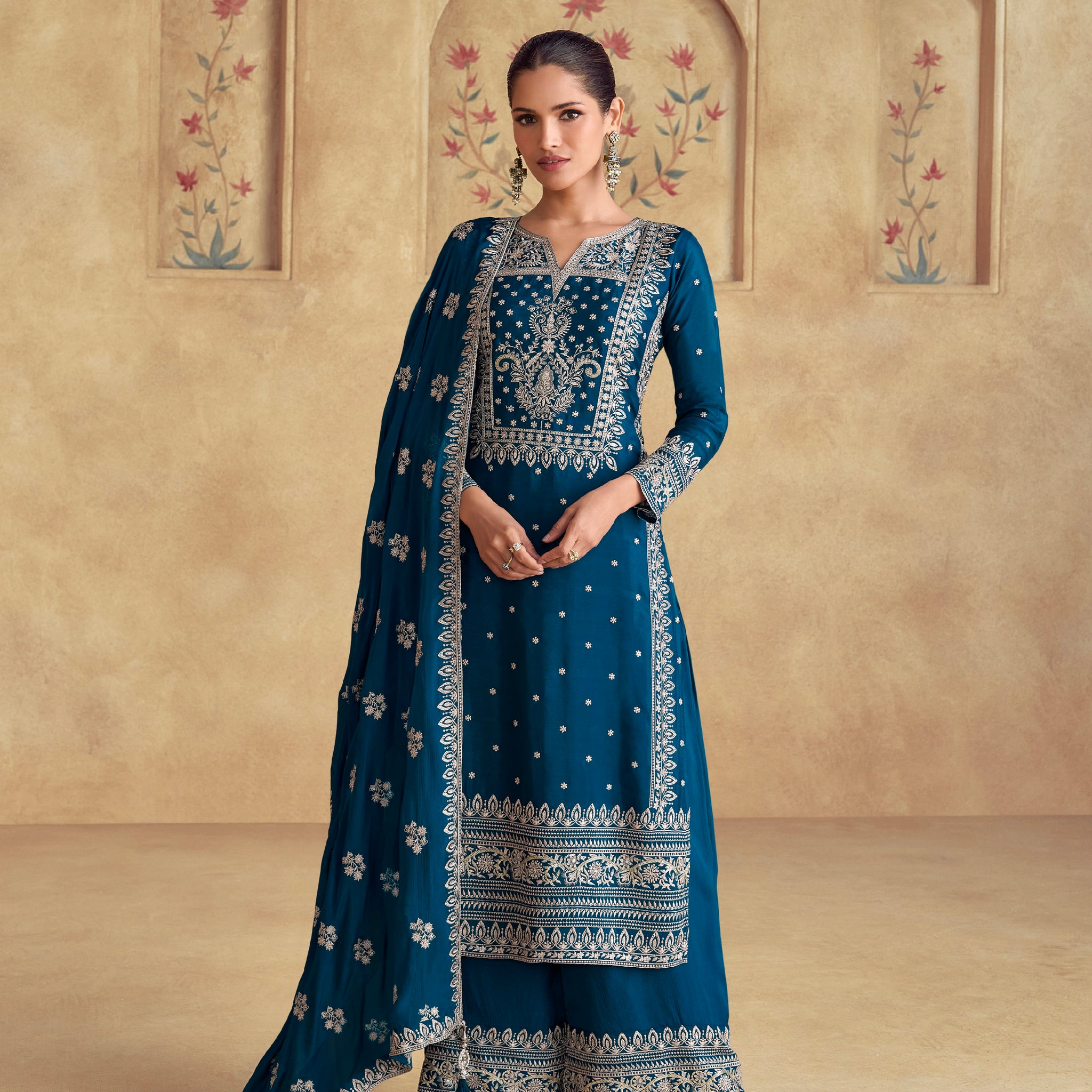 Teal Blue Chinnon Silk Embroidered Palazzo Suit with Dupatta