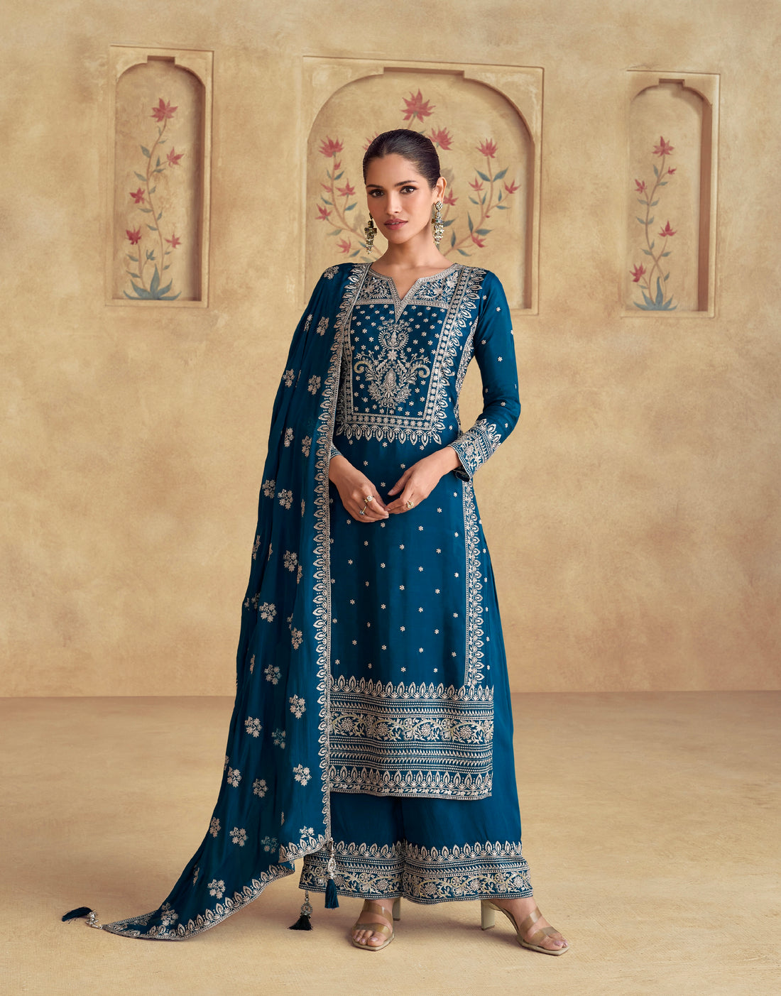 Teal Blue Chinnon Silk Embroidered Palazzo Suit with Dupatta