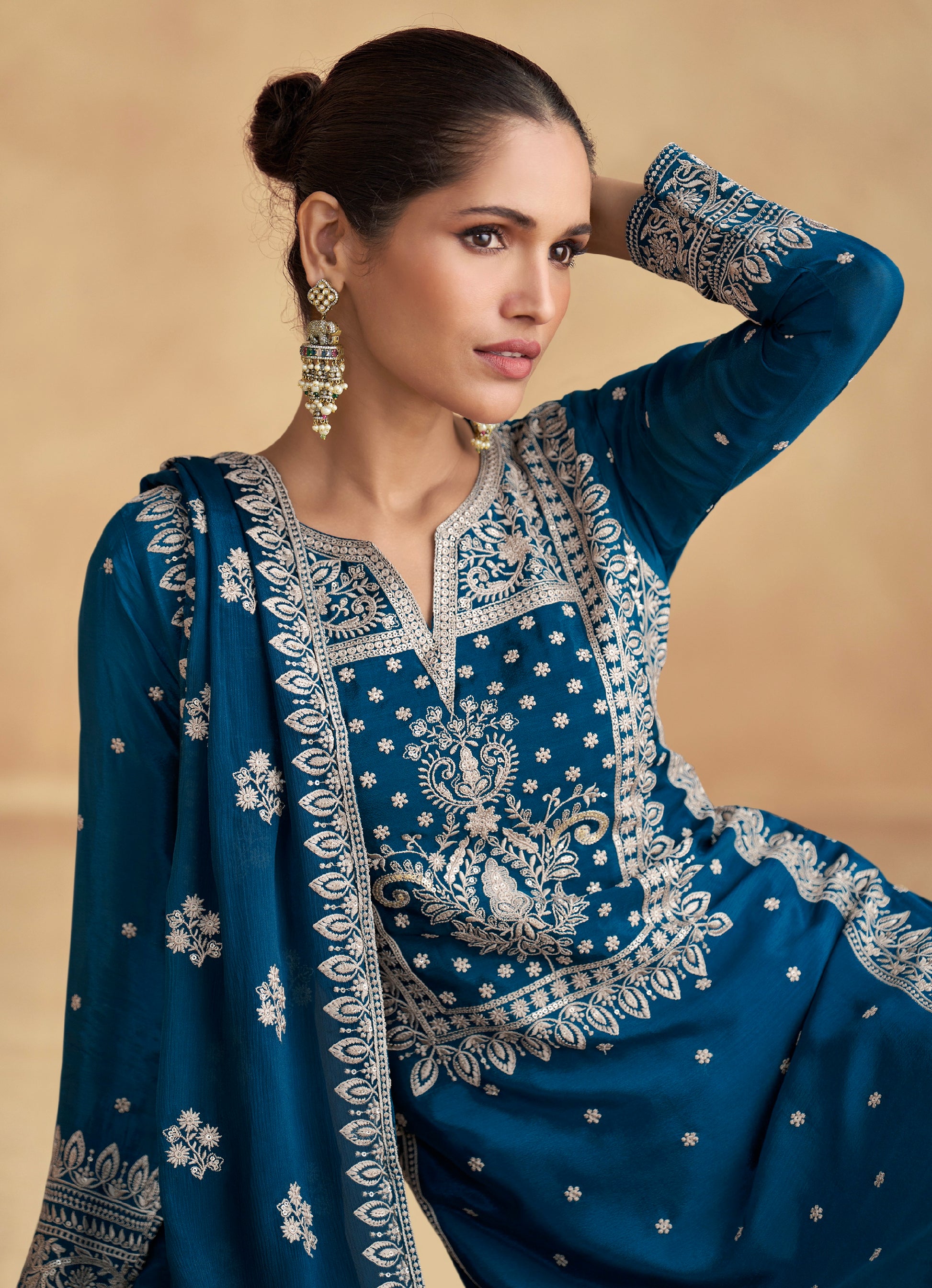 Teal Blue Chinnon Silk Embroidered Palazzo Suit with Dupatta