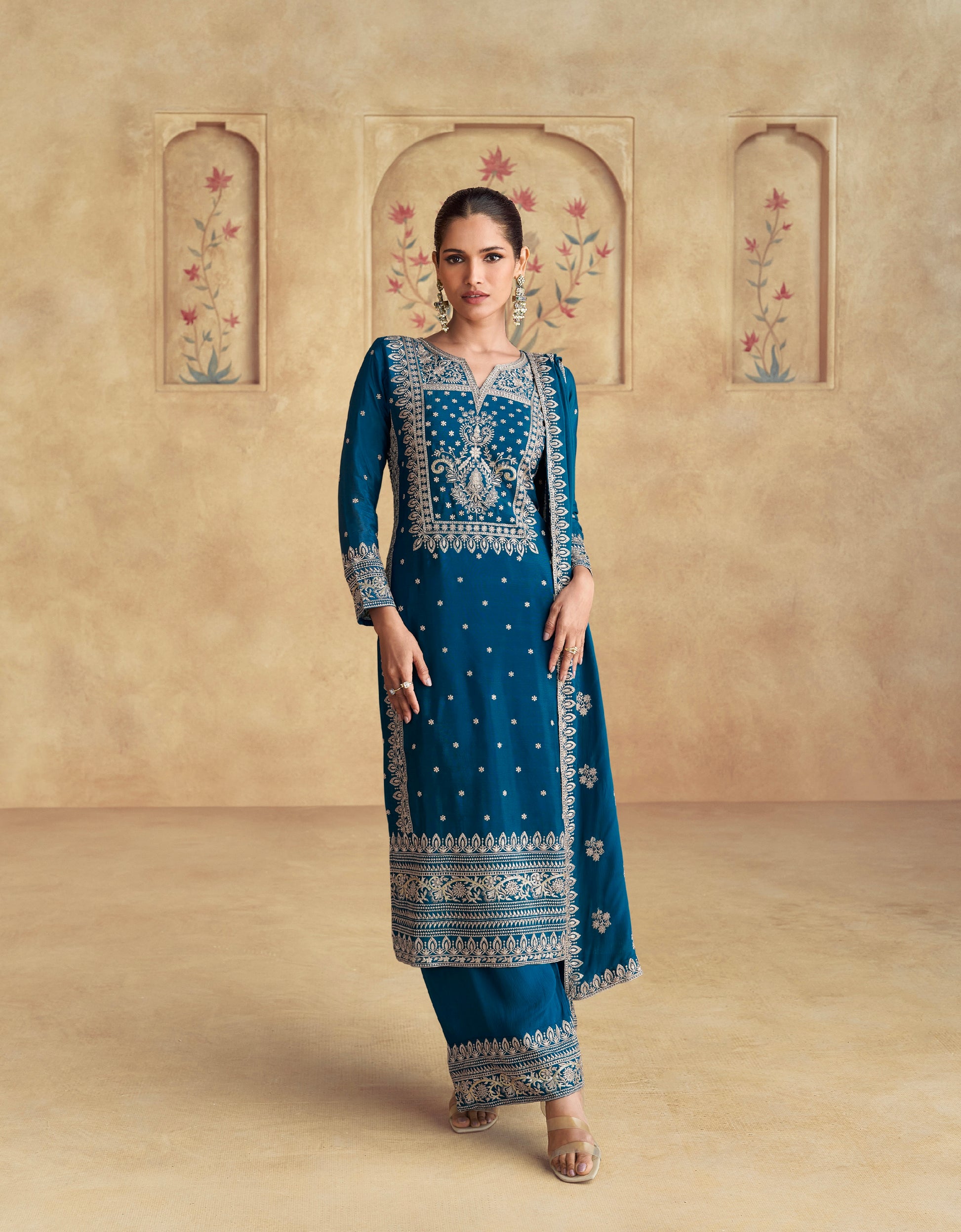 Teal Blue Chinnon Silk Embroidered Palazzo Suit with Dupatta