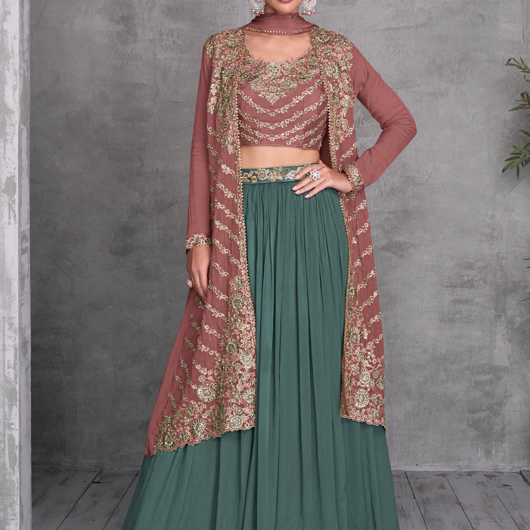 Mauve and Sage Green Embroidered Real Chinon Lehenga Set