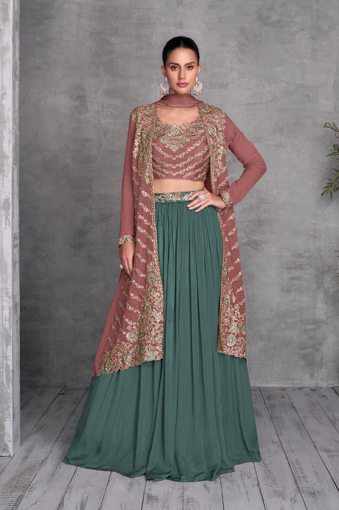 Mauve and Sage Green Embroidered Real Chinon Lehenga Set