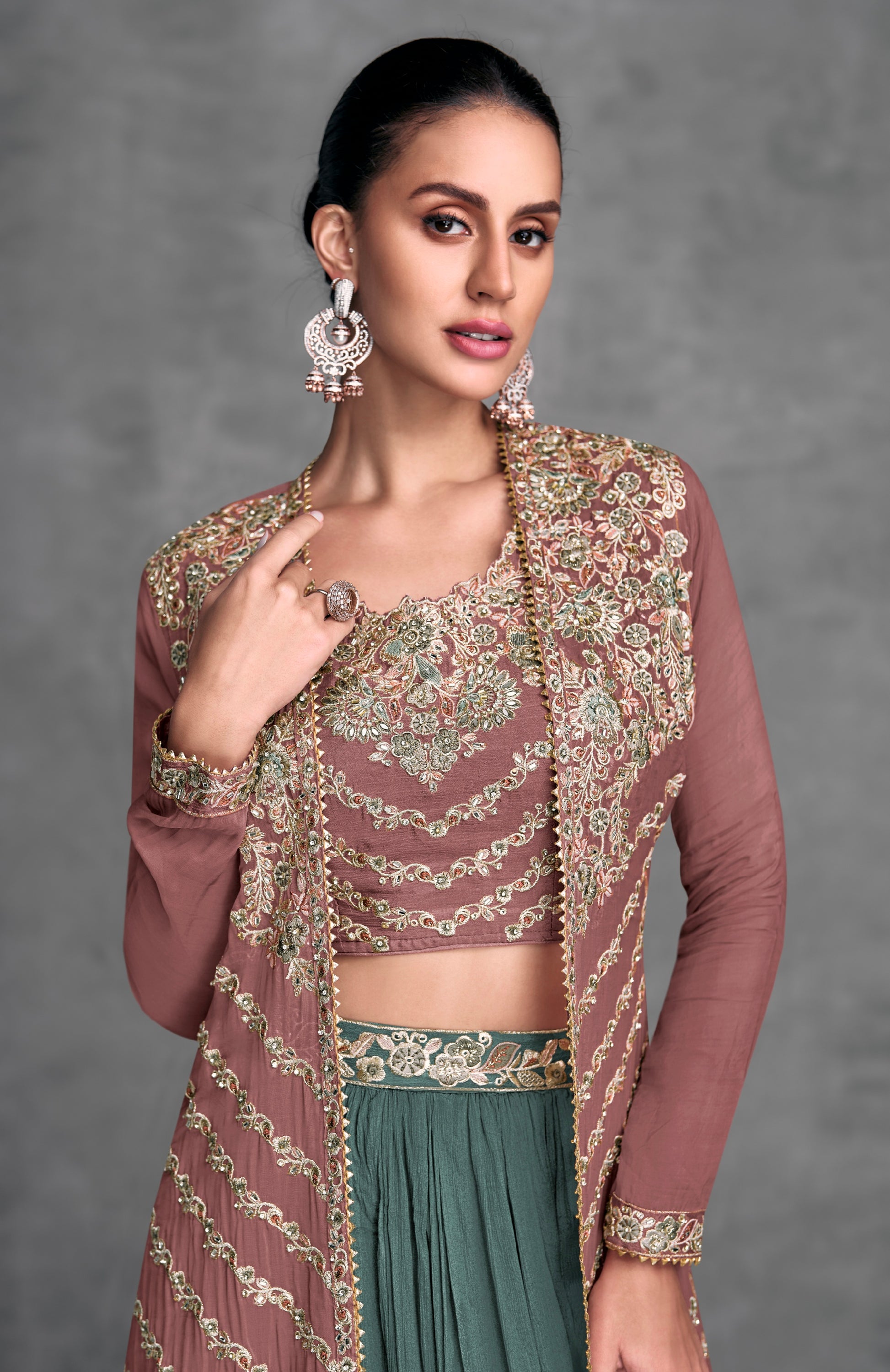 Mauve and Sage Green Embroidered Real Chinon Lehenga Set