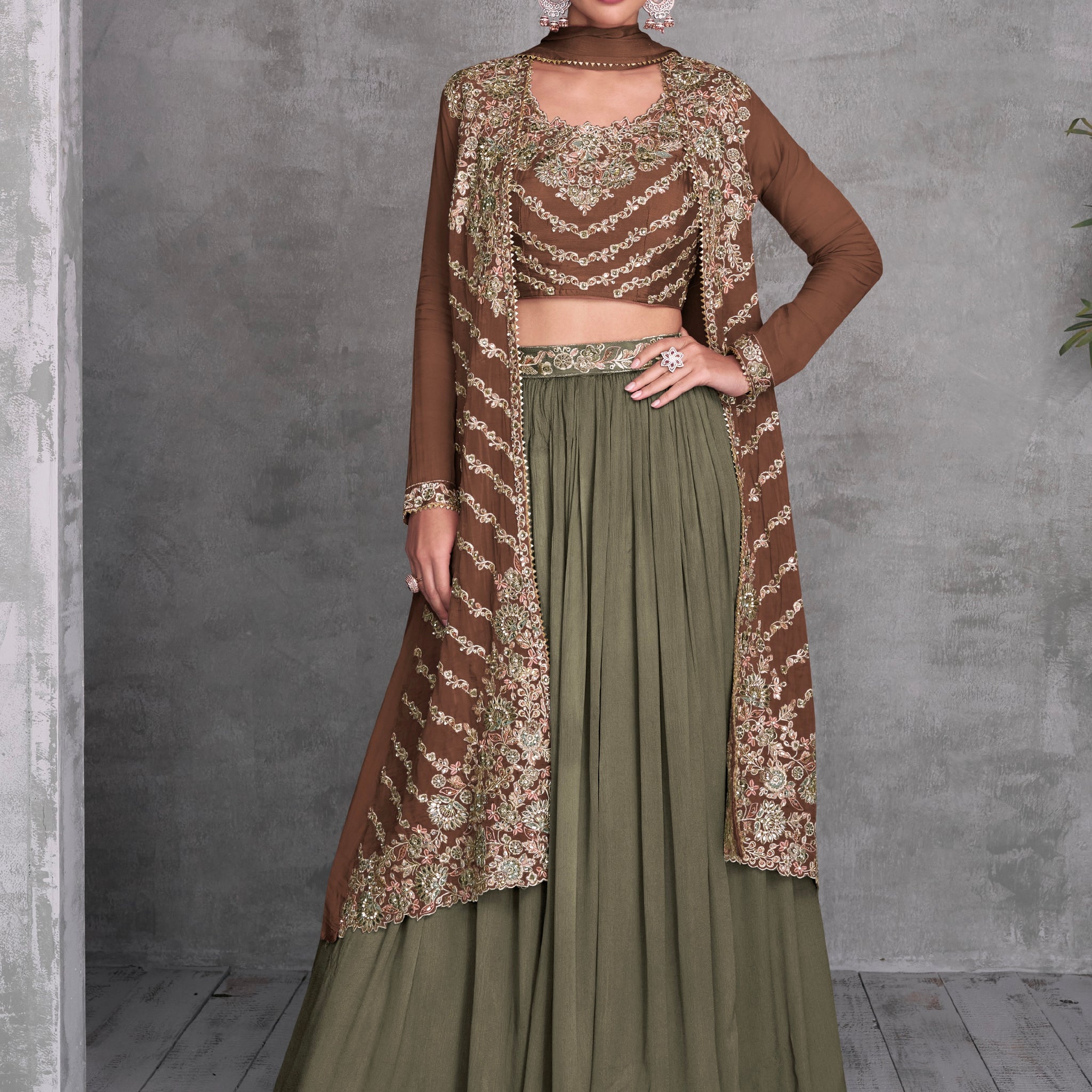 Dusty Brown & Olive Green Embroidered Chinon Lehenga & Cancan