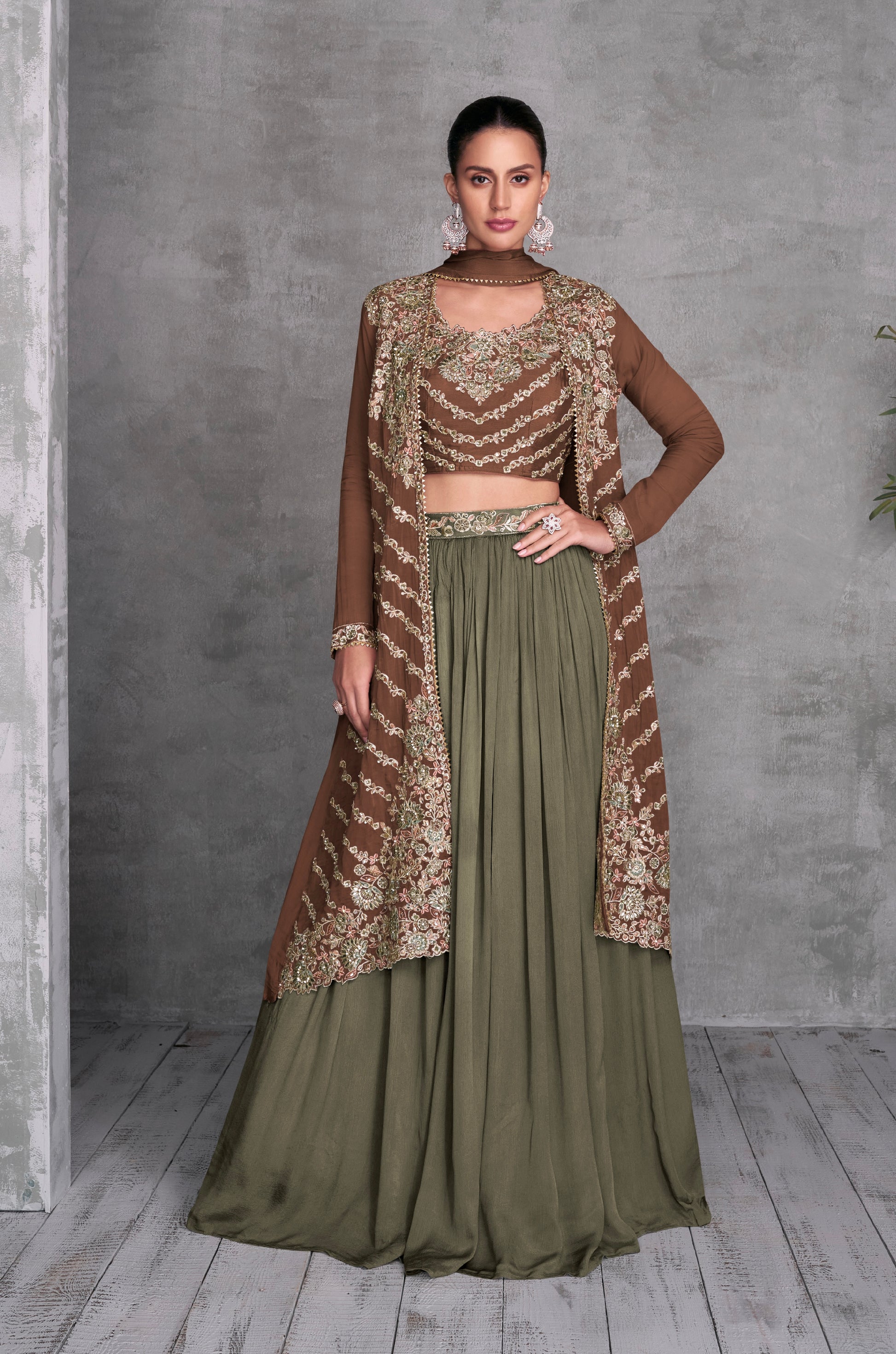 Dusty Brown & Olive Green Embroidered Chinon Lehenga & Cancan