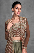 Dusty Brown & Olive Green Embroidered Chinon Lehenga & Cancan