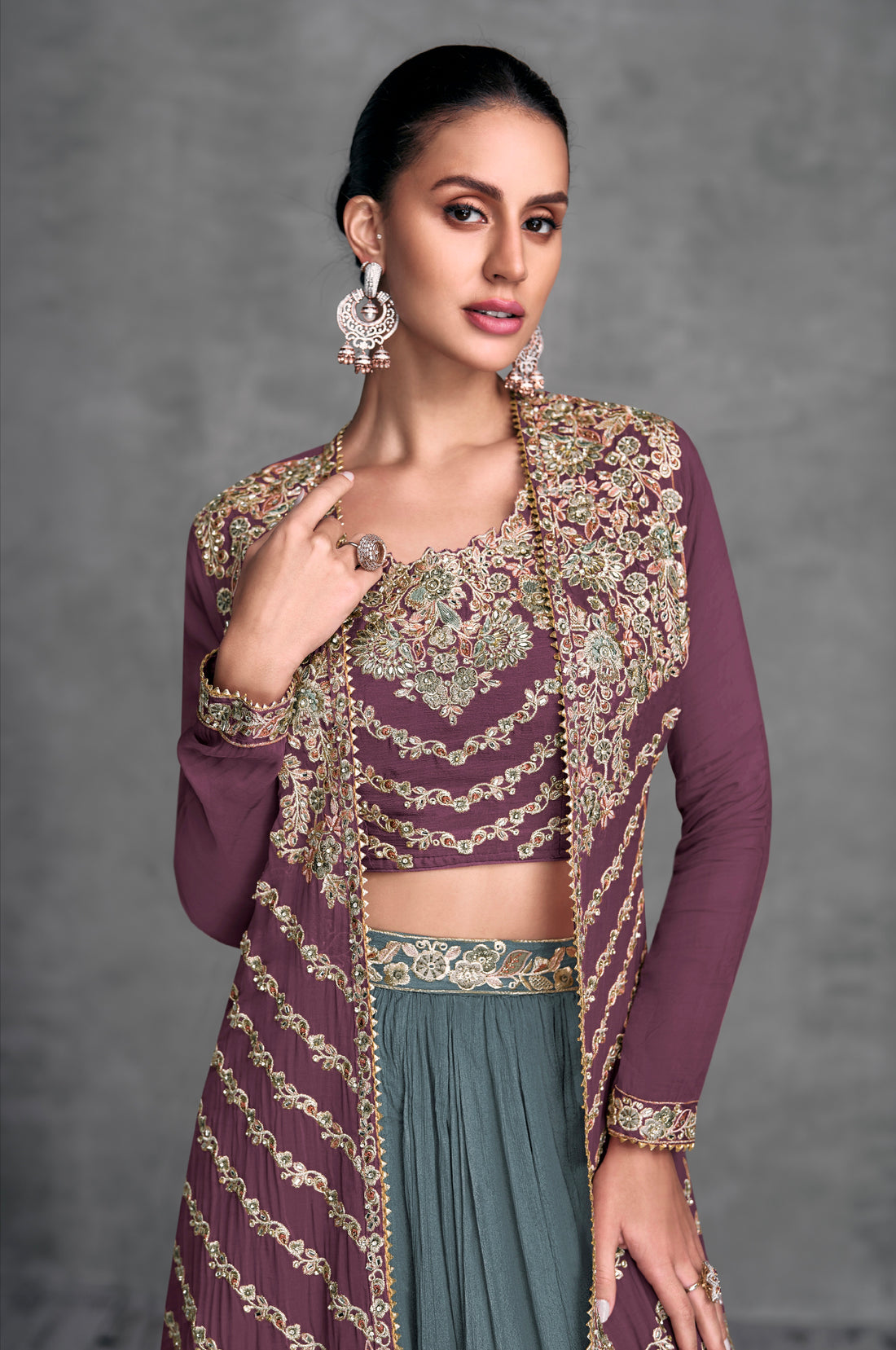 Plum and Sage Green Embroidered Real Chinon Lehenga Set