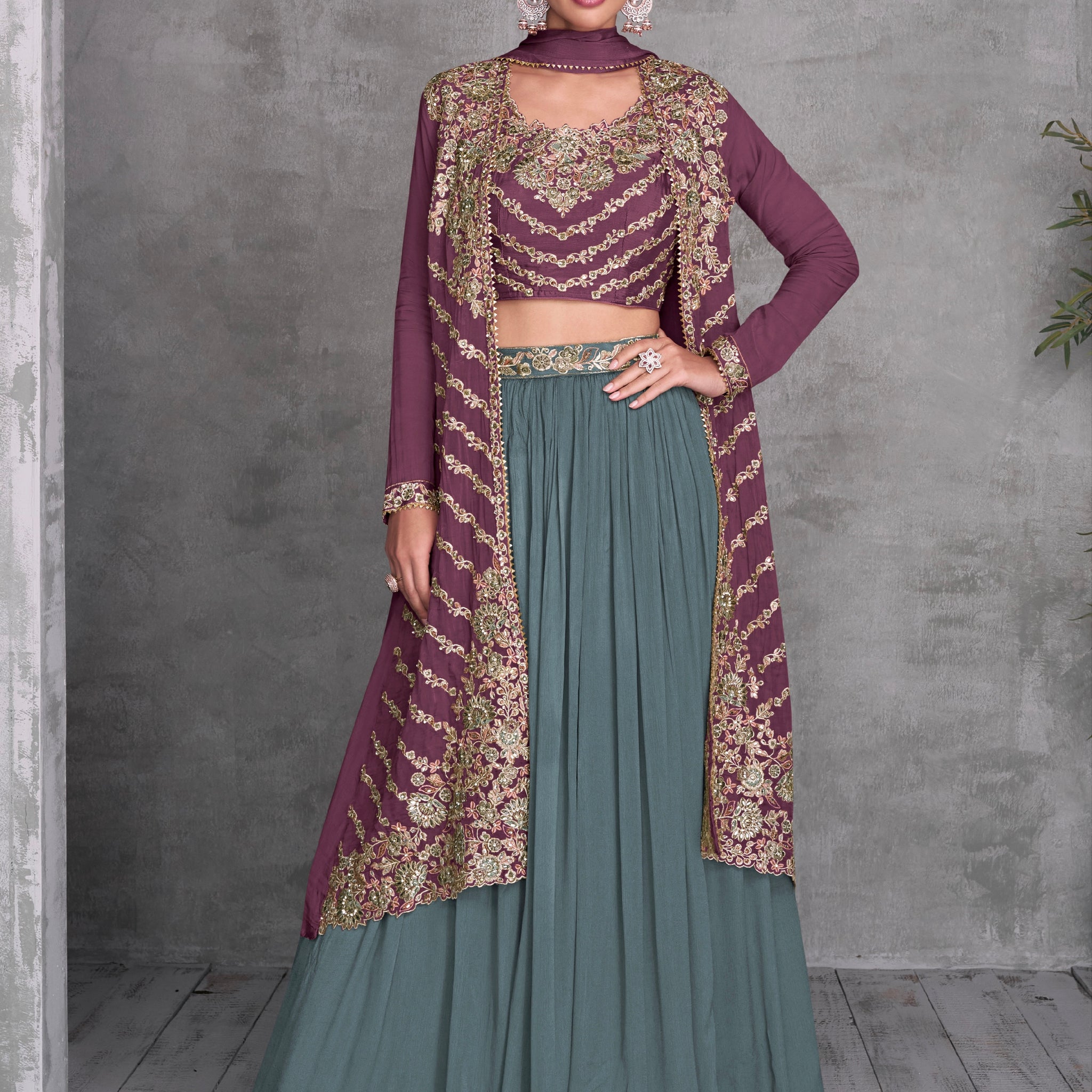 Plum and Sage Green Embroidered Real Chinon Lehenga Set