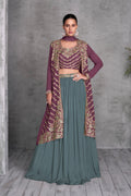 Plum and Sage Green Embroidered Real Chinon Lehenga Set