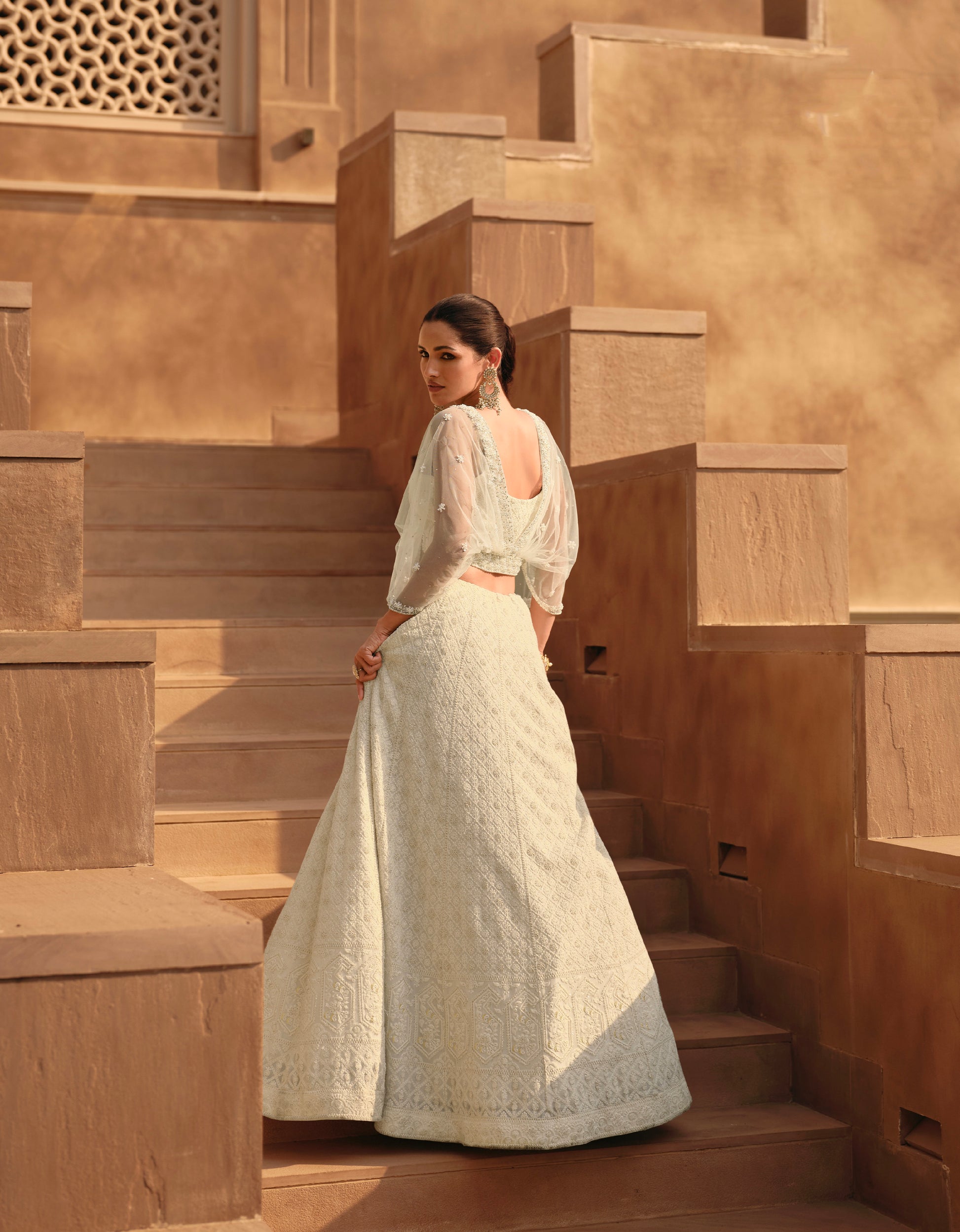 Off-White Embroidered Crop Top and Skirt Lehenga Set