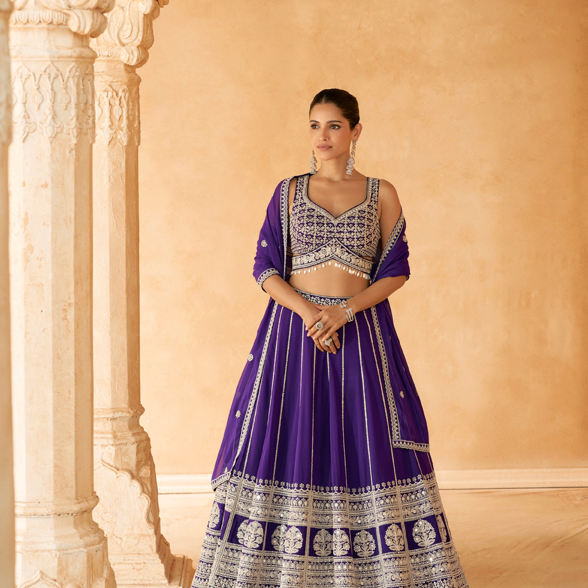 Royal Purple Embroidered Crop Top and Skirt Lehenga Set