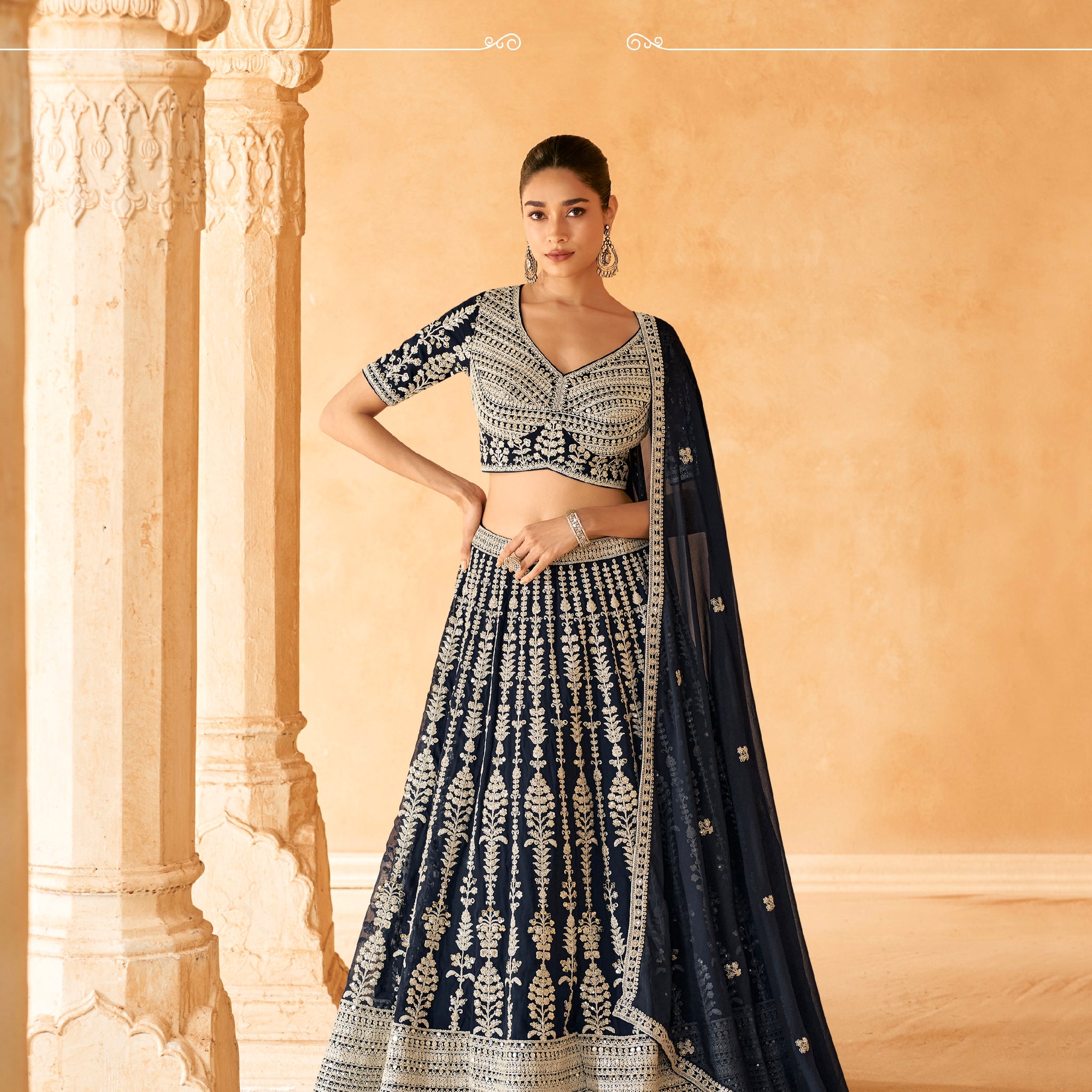 Midnight Blue Embroidered Crop Top and Skirt Lehenga Set