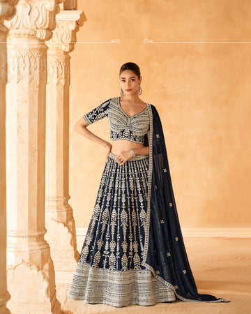 Midnight Blue Embroidered Crop Top and Skirt Lehenga Set