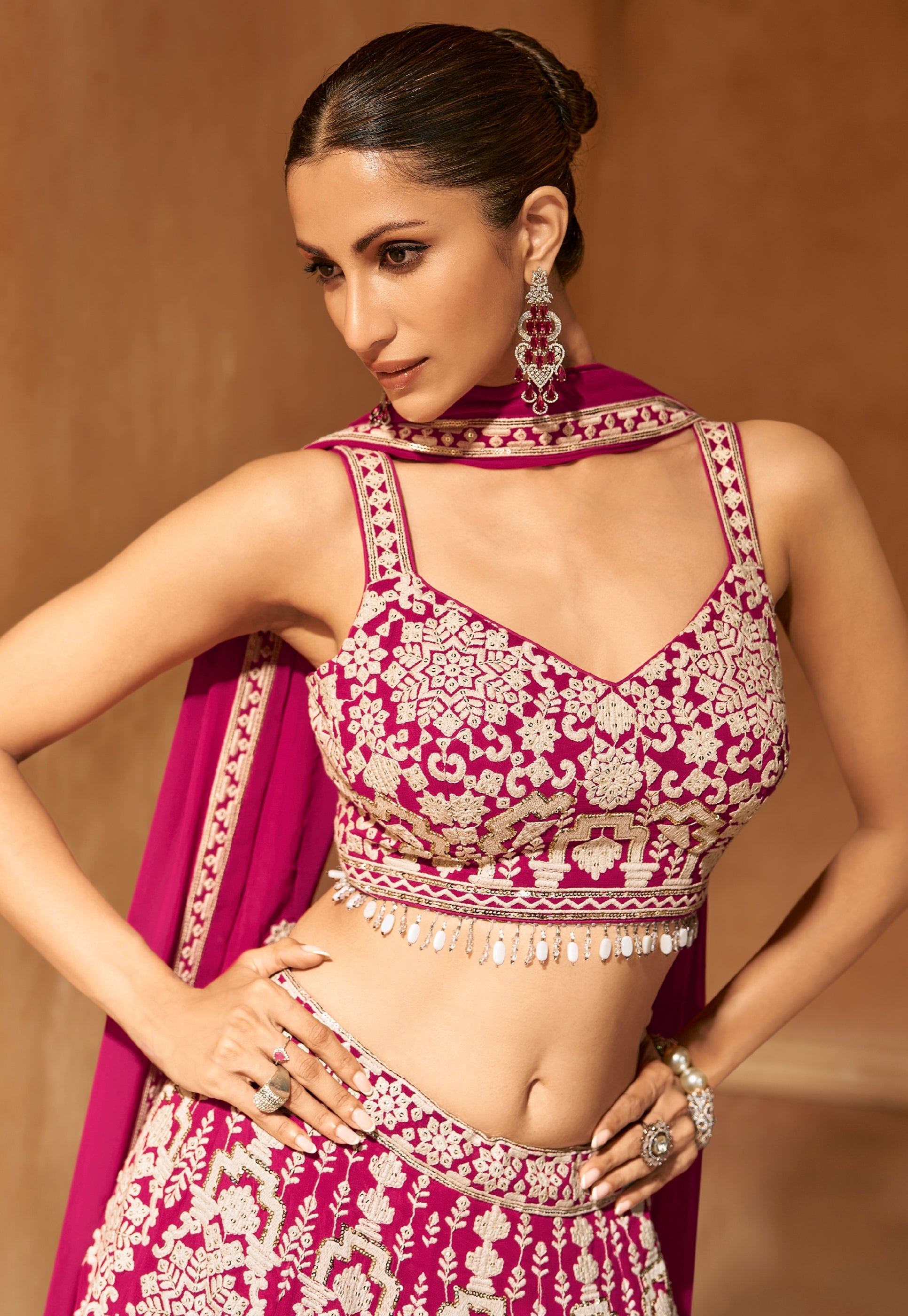 Magenta Pink Embroidered Crop Top and Skirt Lehenga Set