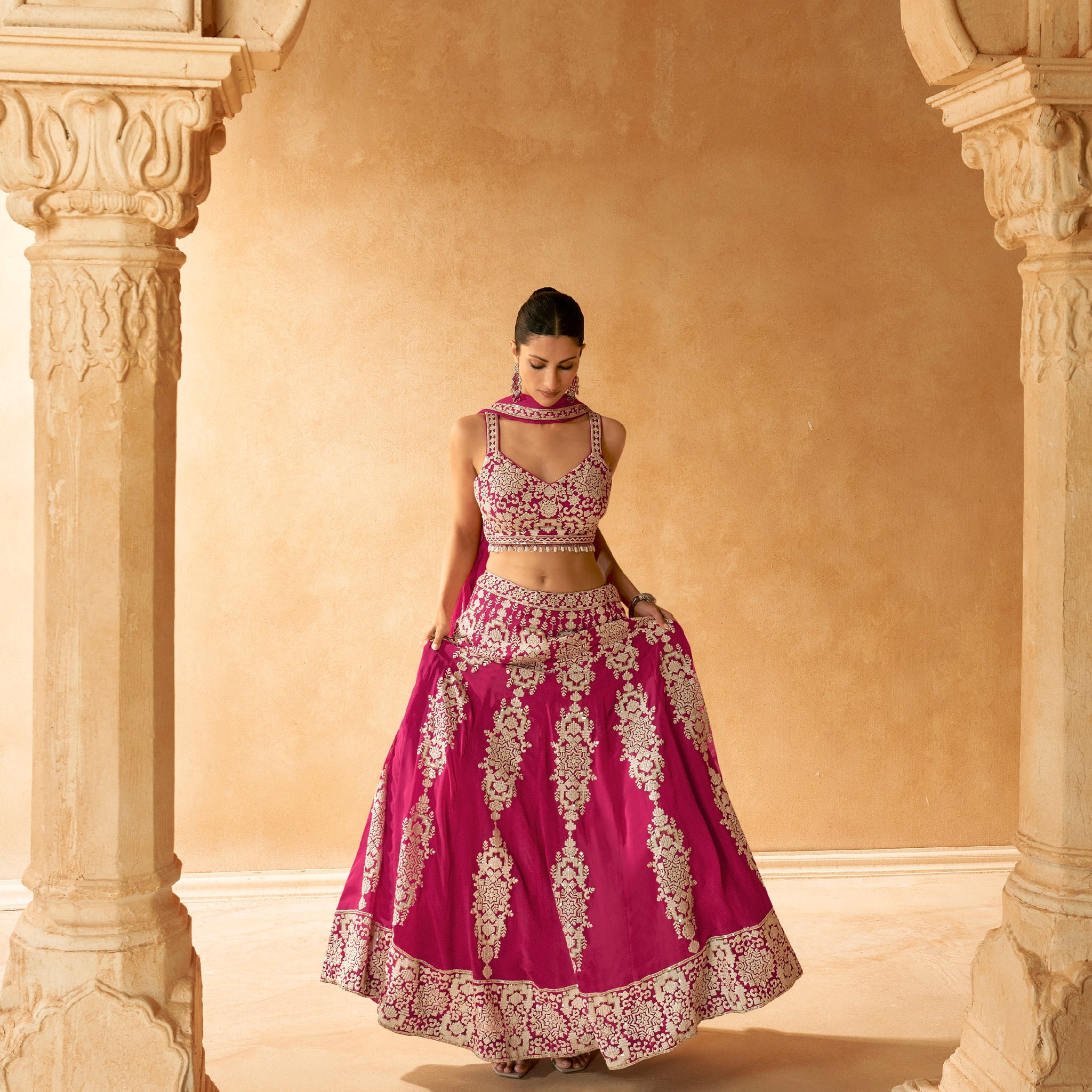 Magenta Pink Embroidered Crop Top and Skirt Lehenga Set