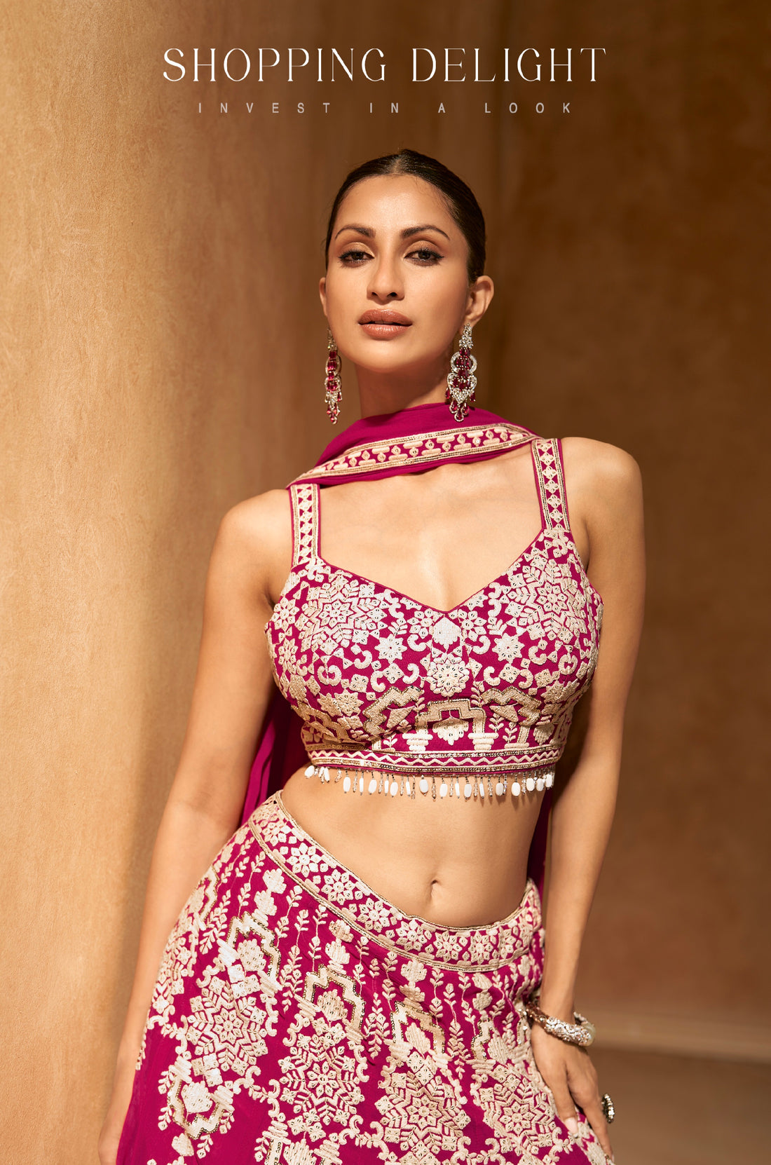 Magenta Pink Embroidered Crop Top and Skirt Lehenga Set