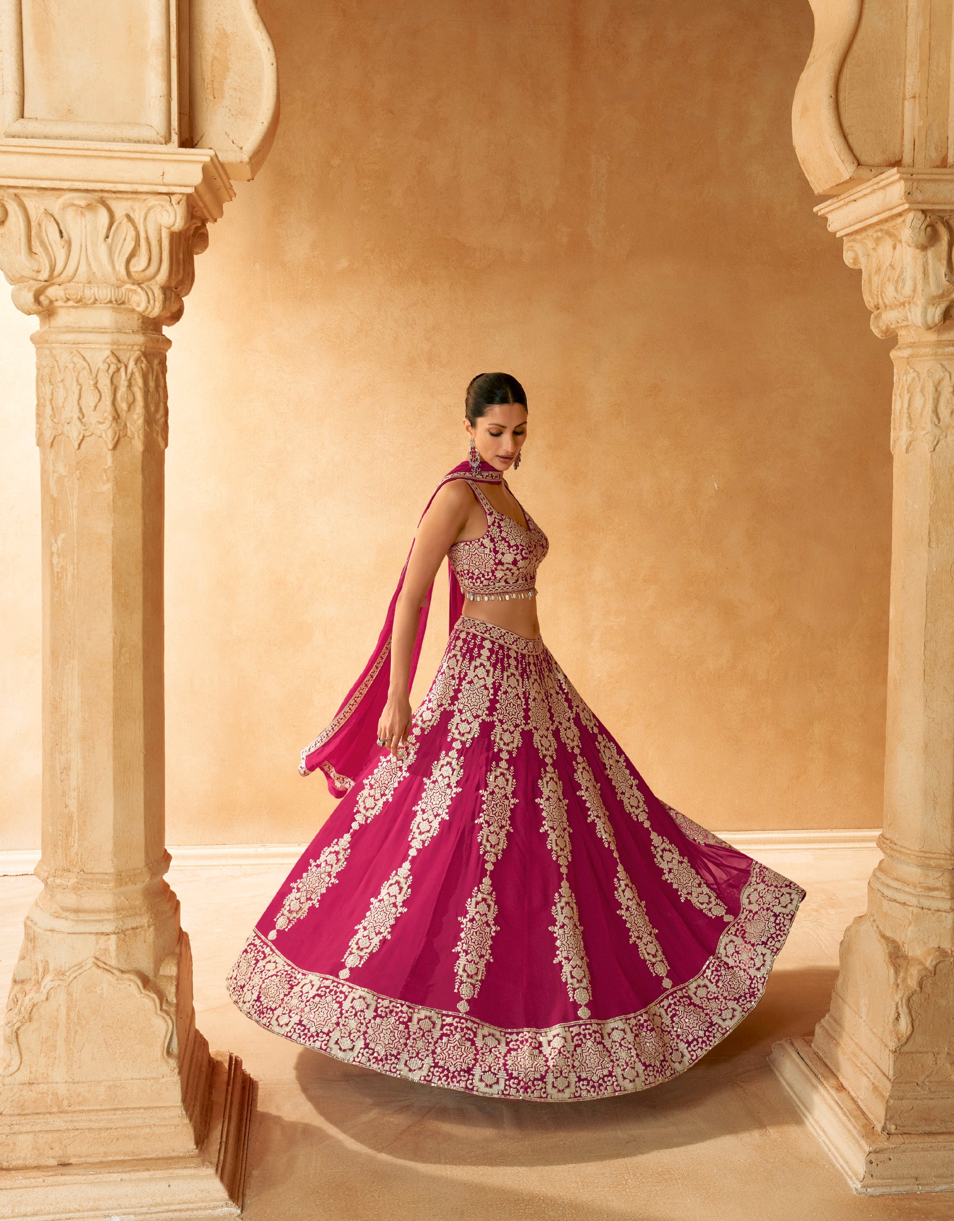 Magenta Pink Embroidered Crop Top and Skirt Lehenga Set