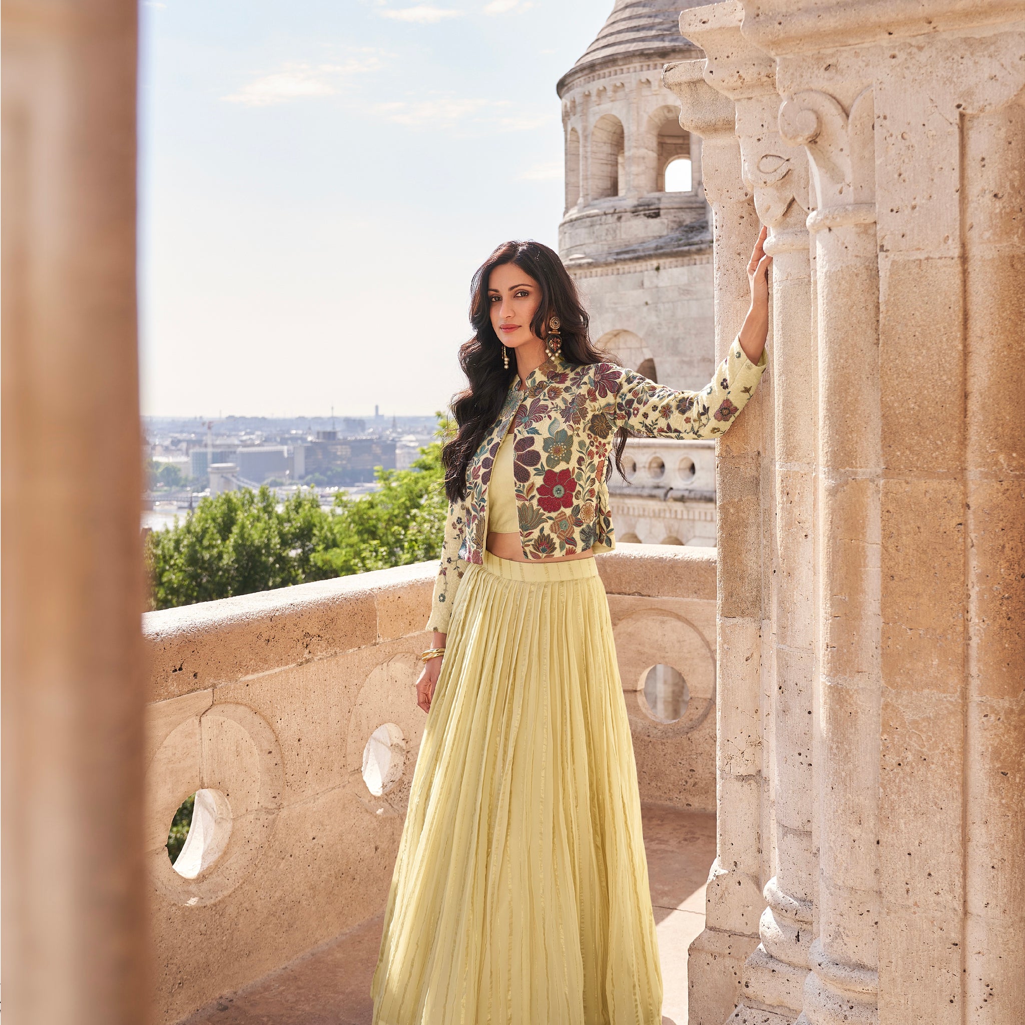 Lime Yellow Embroidered Lehenga with Floral Jacket Set