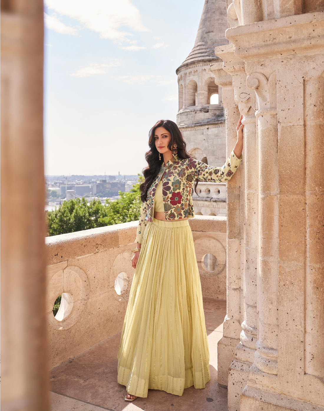 Lime Yellow Embroidered Lehenga with Floral Jacket Set