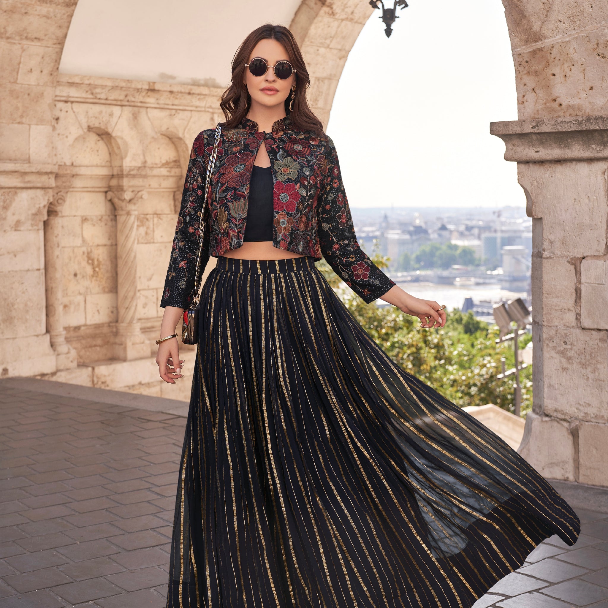 Midnight Black Gold Striped Lehenga with Embroidered Jacket