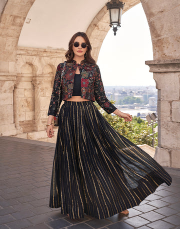 Midnight Black Gold Striped Lehenga with Embroidered Jacket