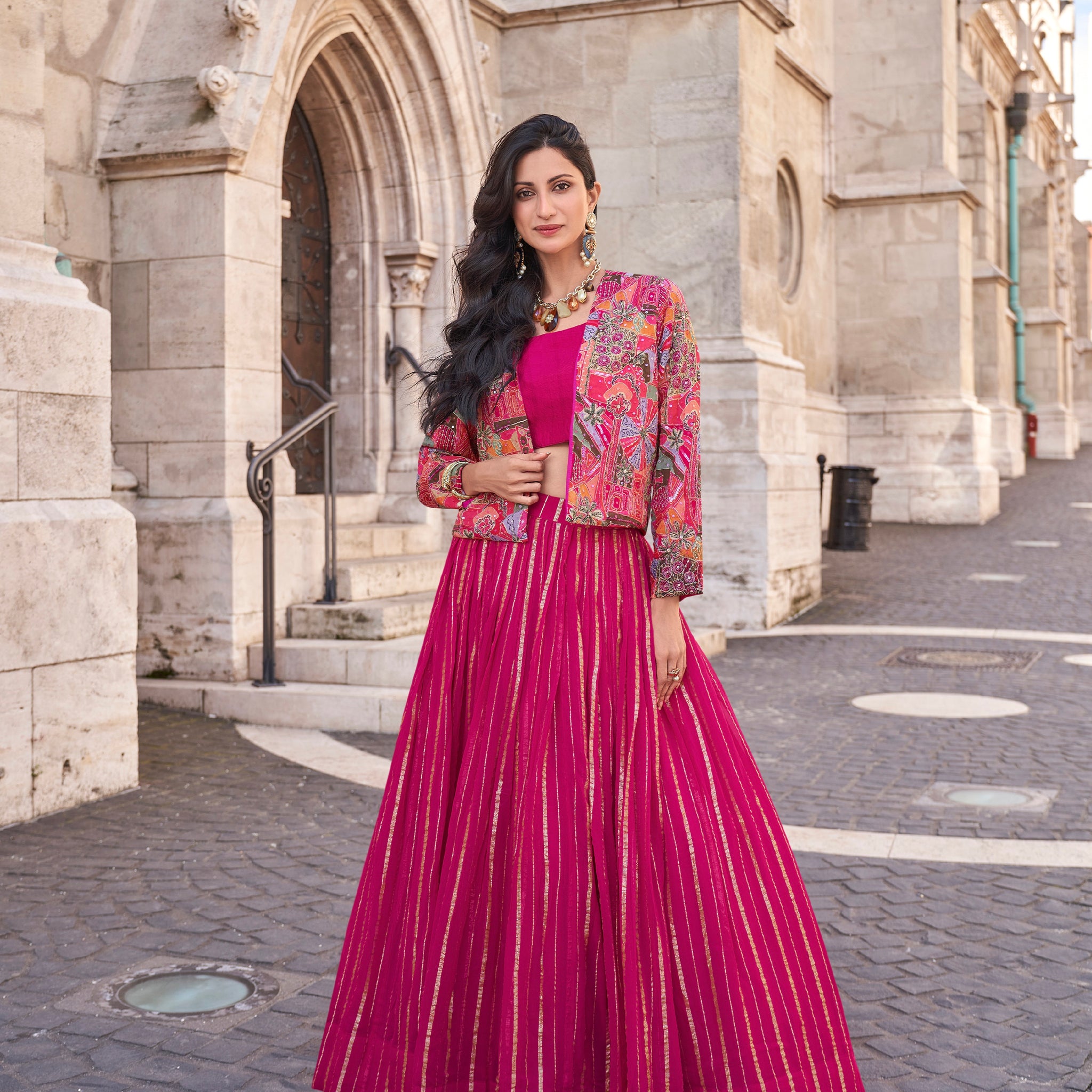 Magenta Pink Embroidered Lehenga with Ethnic Jacket