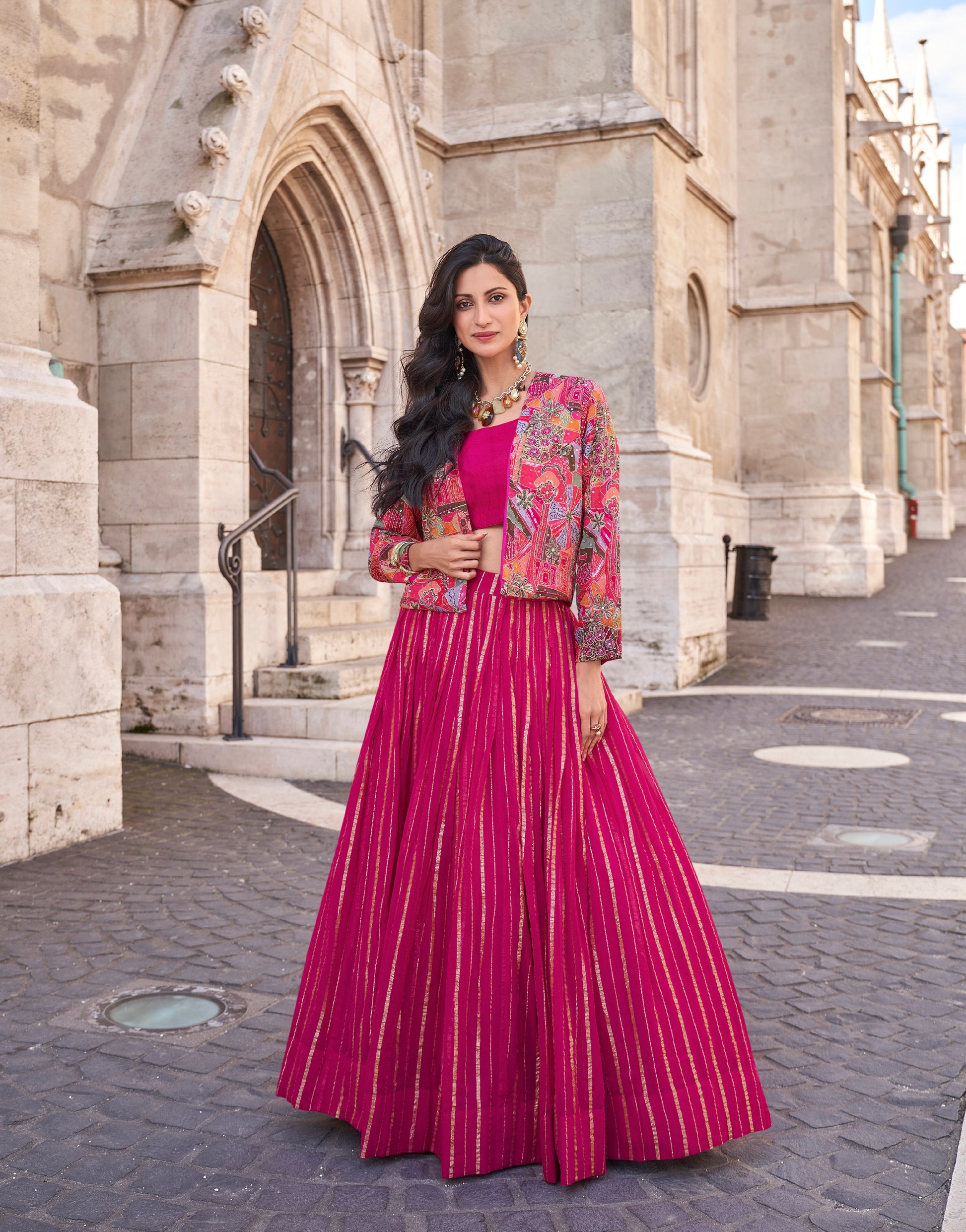 Magenta Pink Embroidered Lehenga with Ethnic Jacket