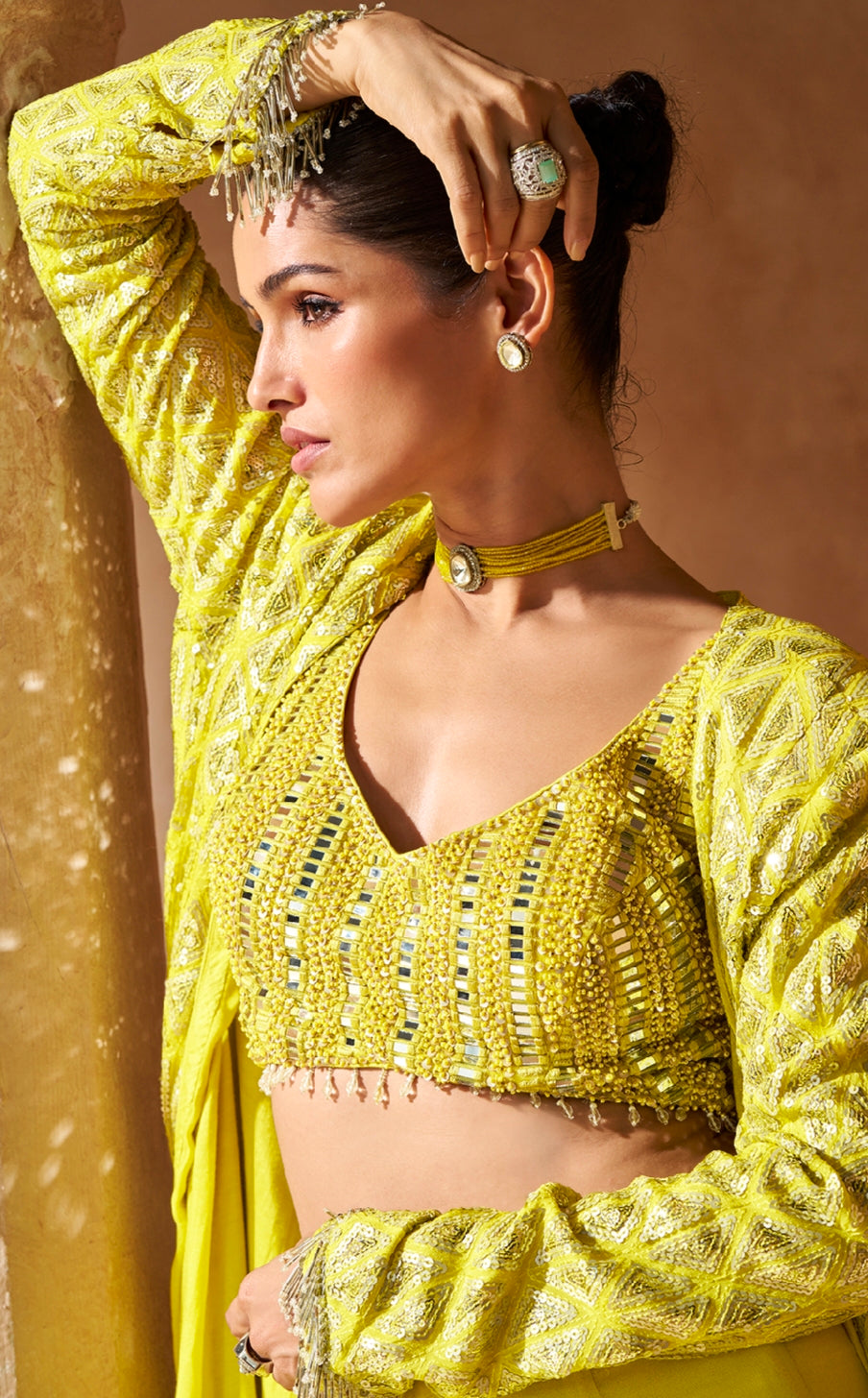 Lime Yellow Designer Palazzo Set with Full Embroidery and Long Jacket