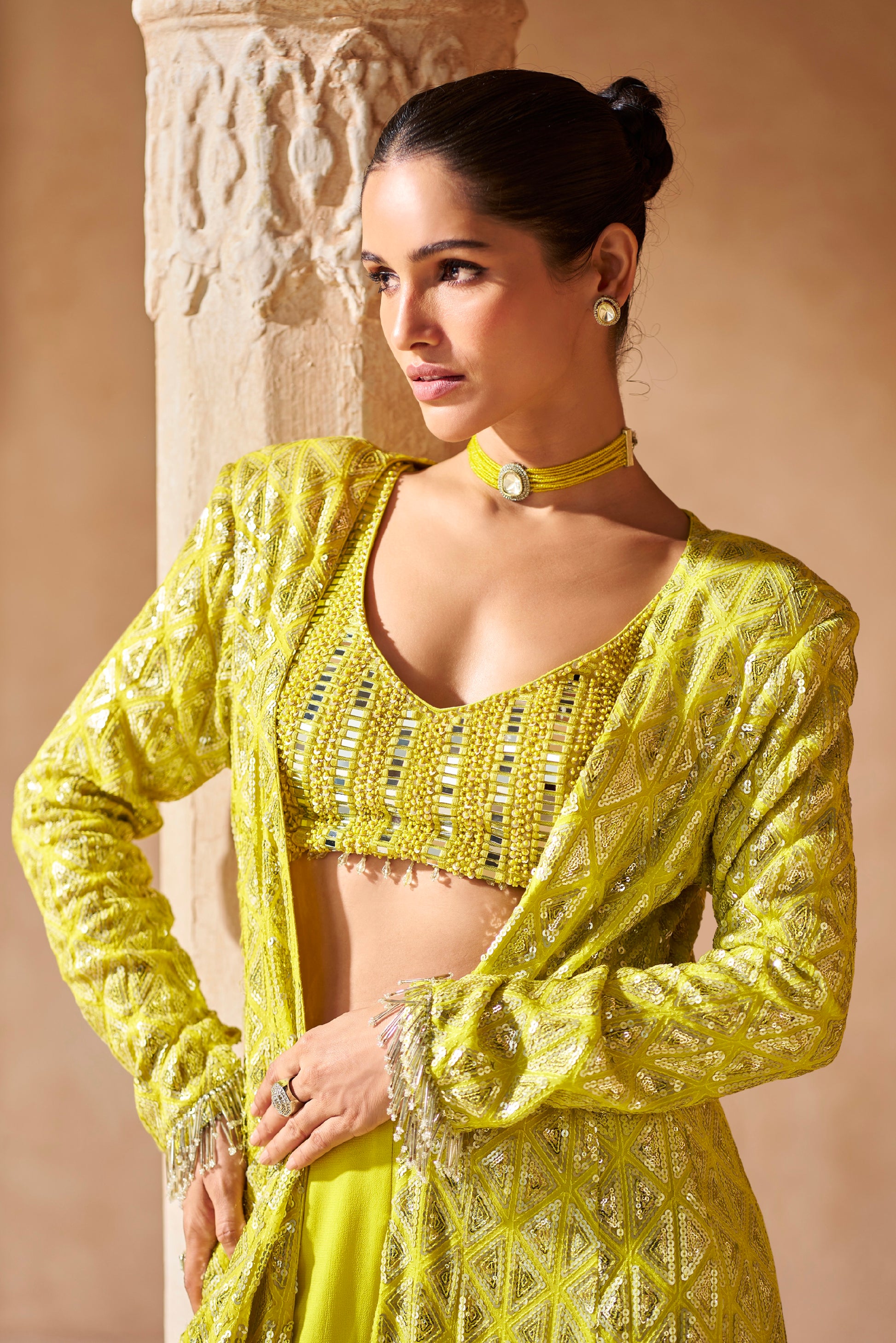 Lime Yellow Designer Palazzo Set with Full Embroidery and Long Jacket