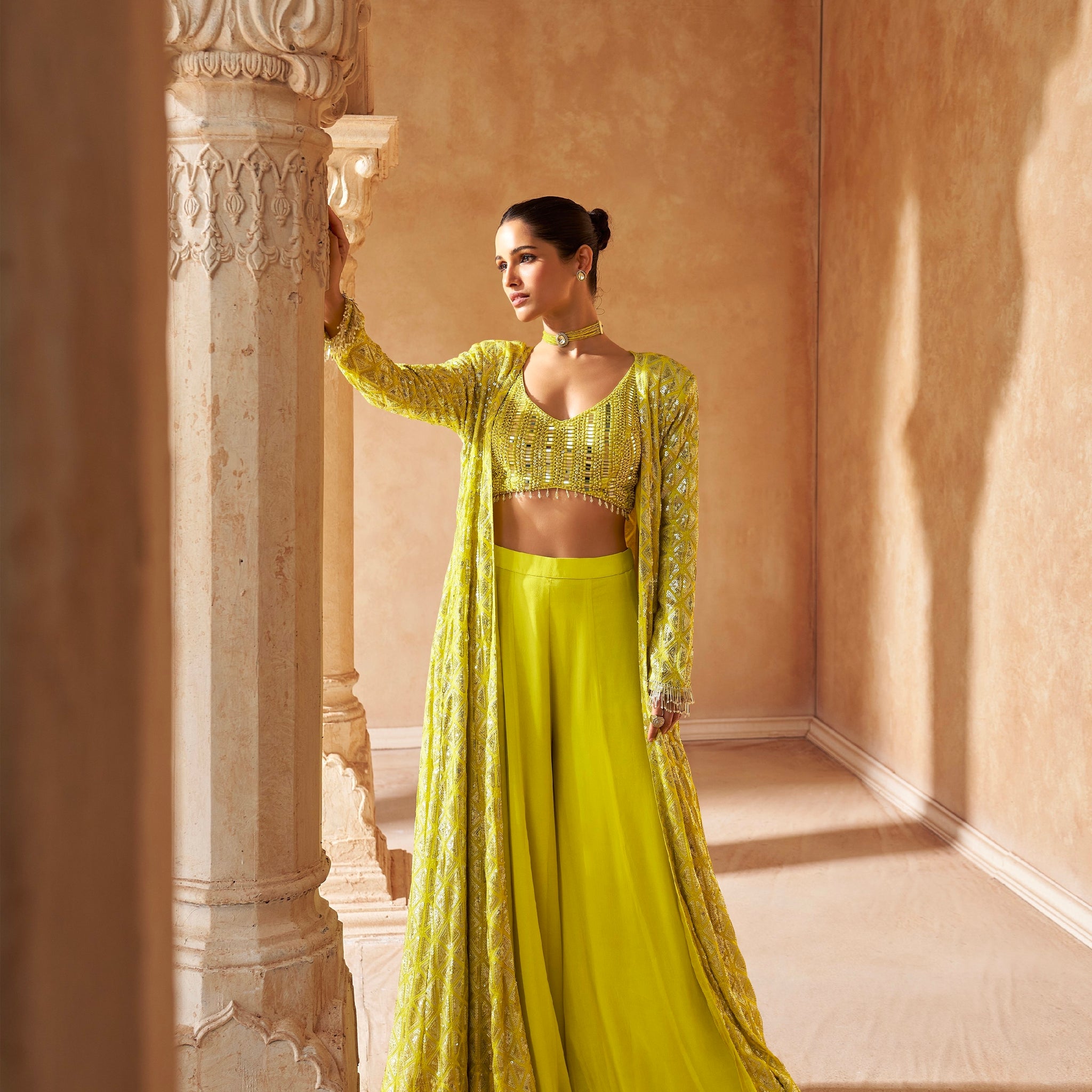 Lime Yellow Designer Palazzo Set with Full Embroidery and Long Jacket