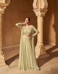 Light Olive Embroidered Georgette Palazzo Set with Sheer Long Jacket