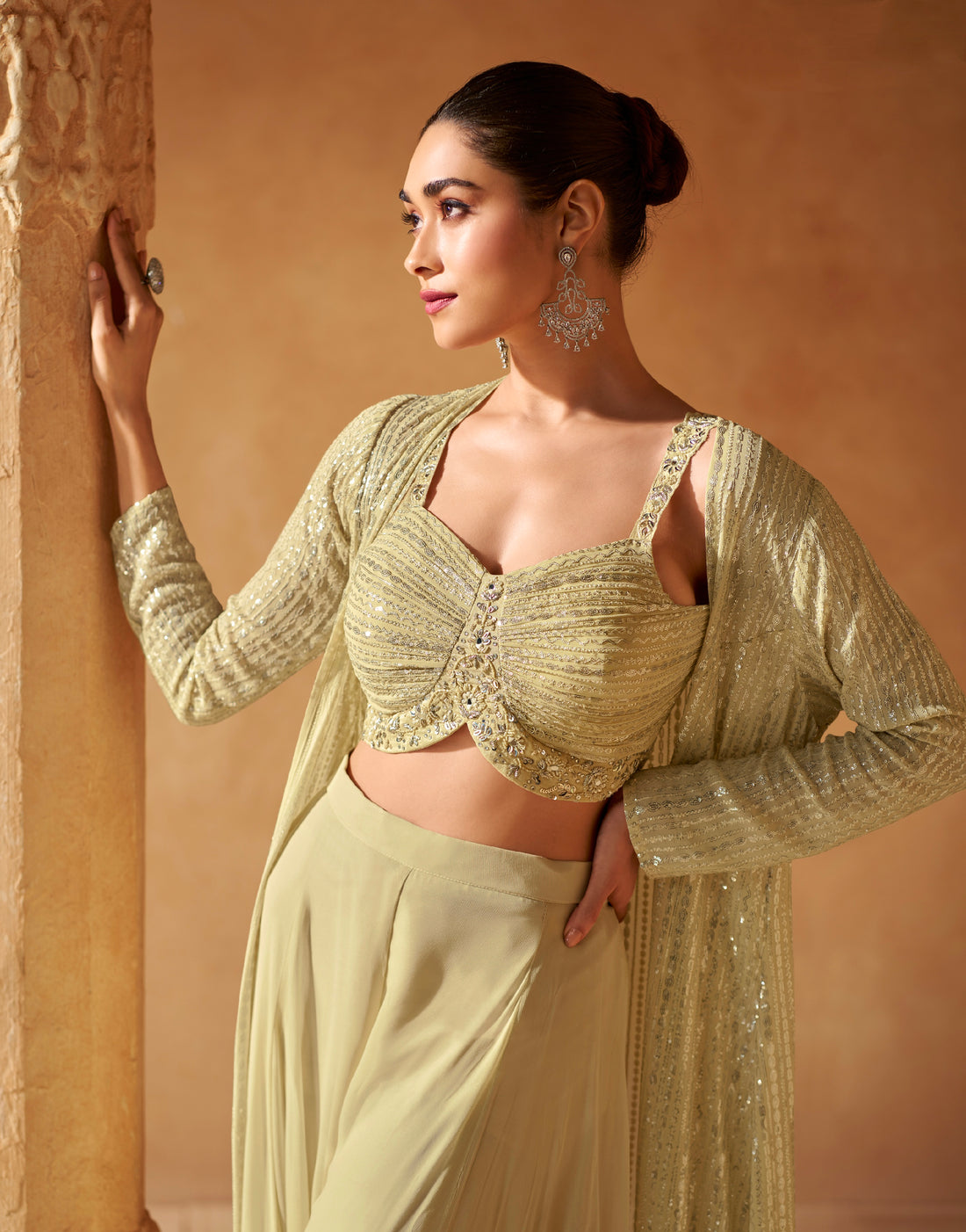 Light Olive Embroidered Georgette Palazzo Set with Sheer Long Jacket