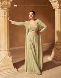 Light Olive Embroidered Georgette Palazzo Set with Sheer Long Jacket