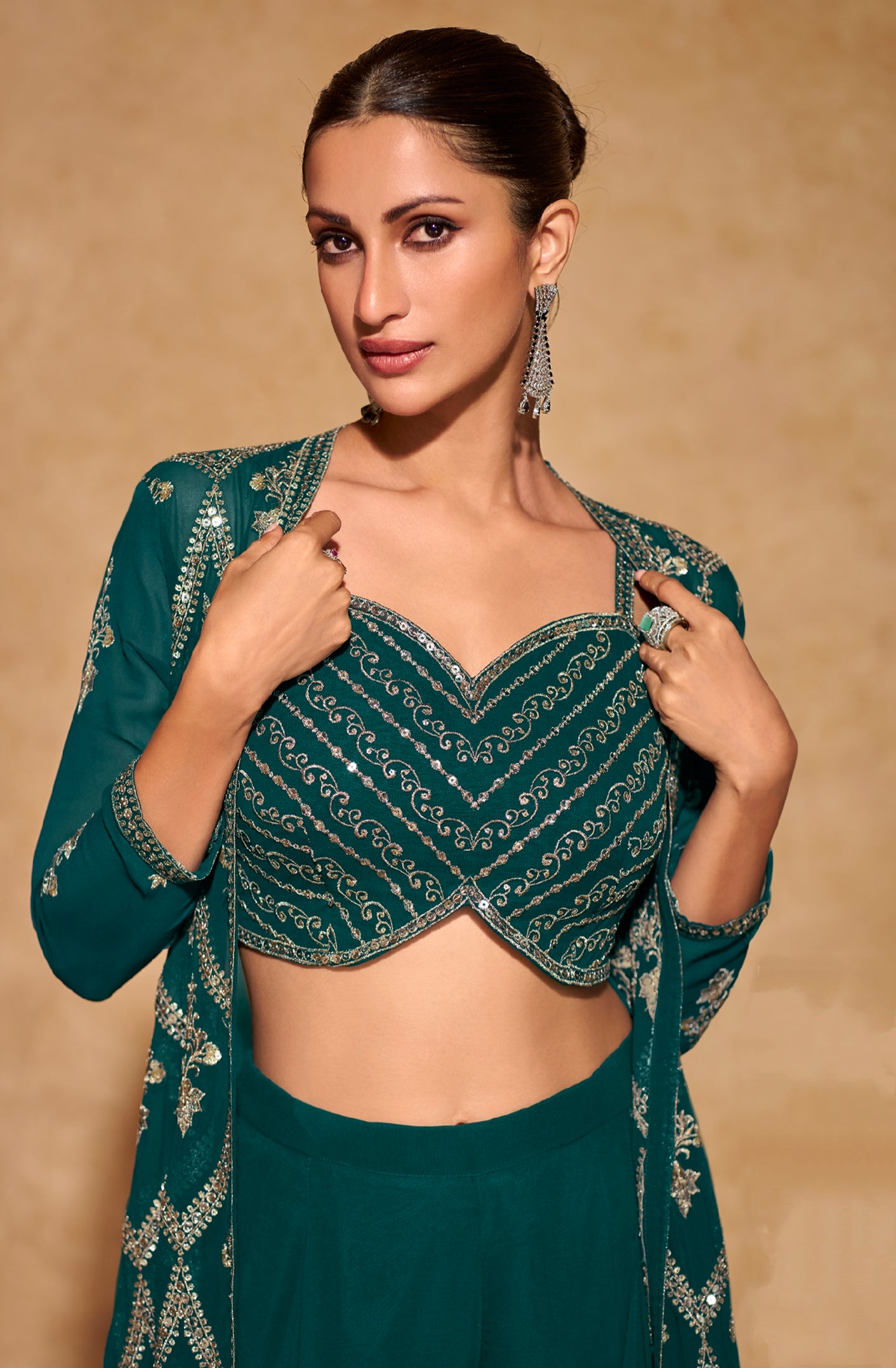 Teal Green Embroidered Palazzo Set in Real Georgette with Long Jacket