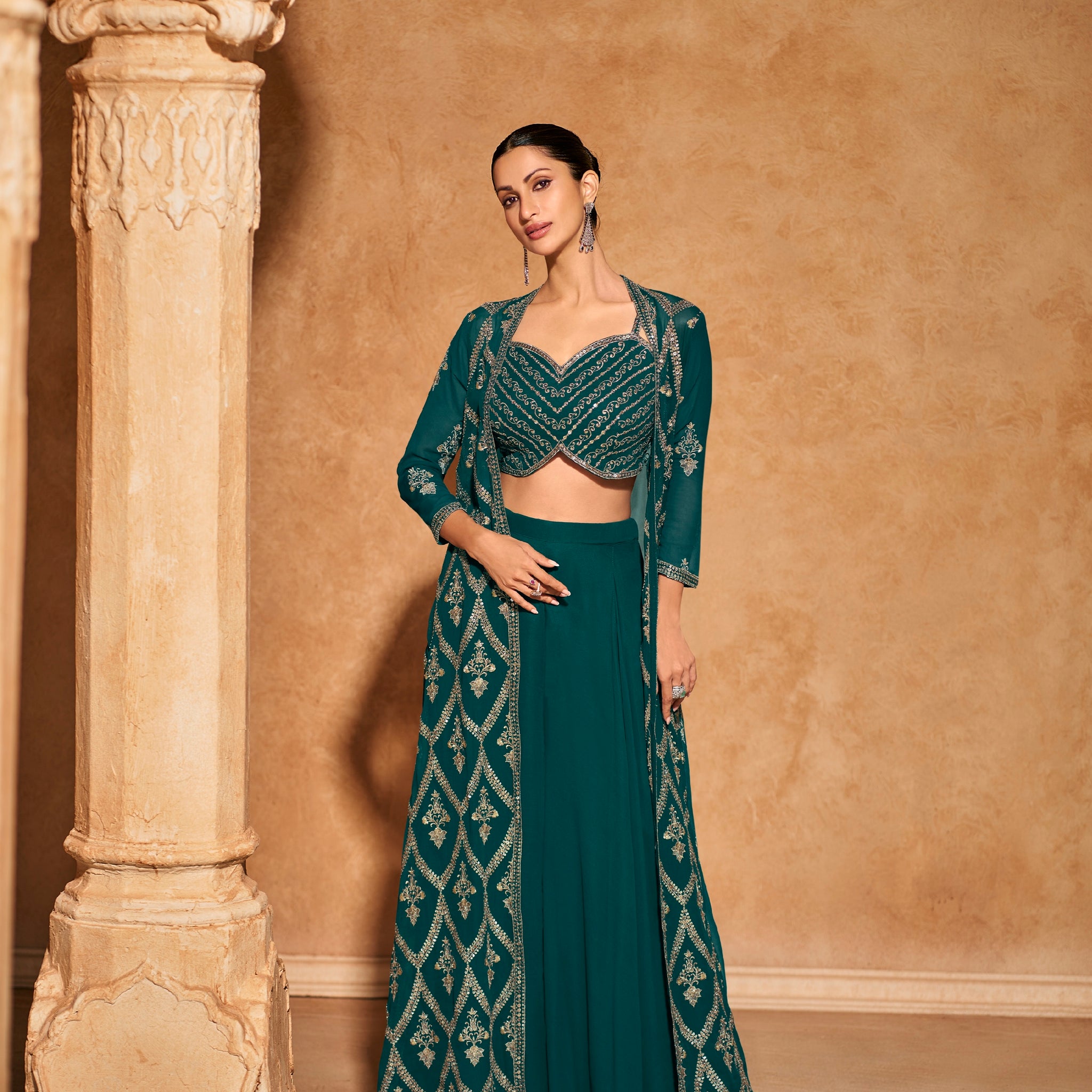 Teal Green Embroidered Palazzo Set in Real Georgette with Long Jacket