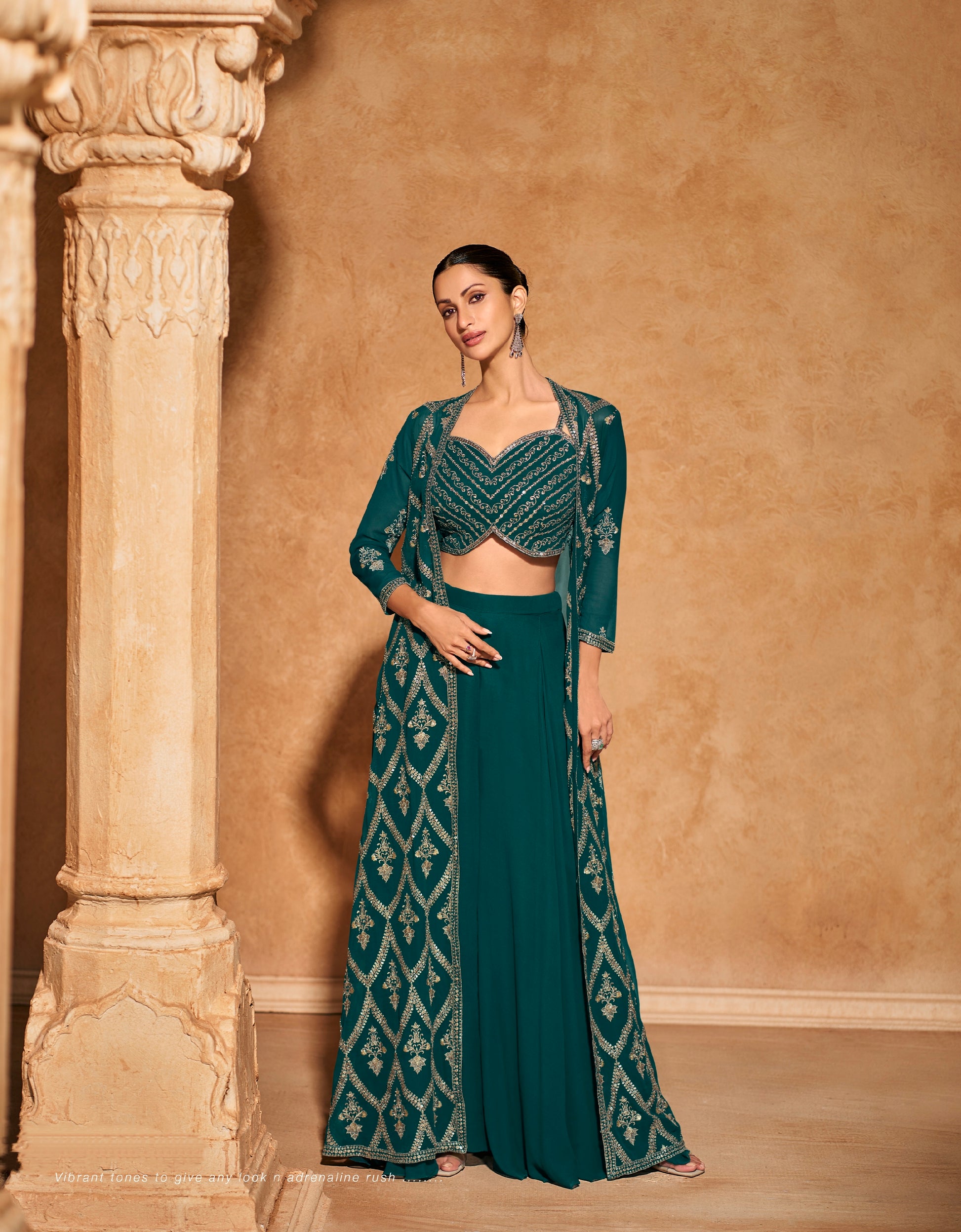 Teal Green Embroidered Palazzo Set in Real Georgette with Long Jacket