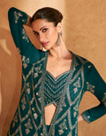 Teal Green Embroidered Palazzo Set in Real Georgette with Long Jacket