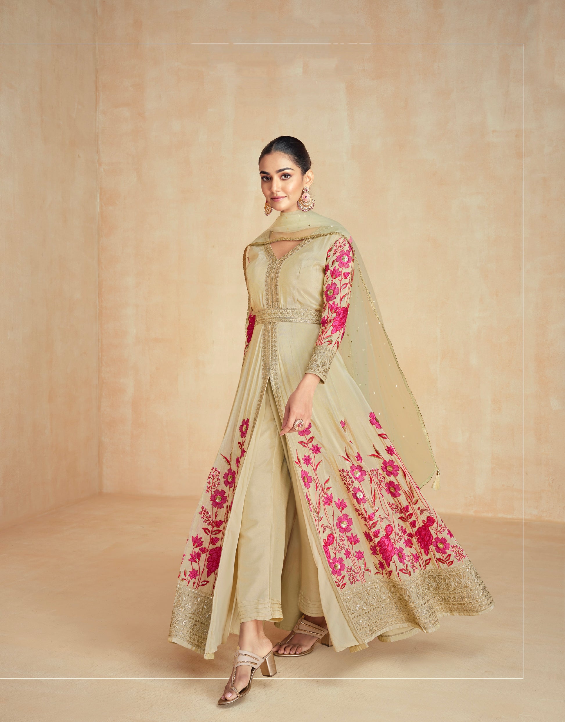 Olive Green and Pink Floral Embroidered Premium Silk Anarkali Set