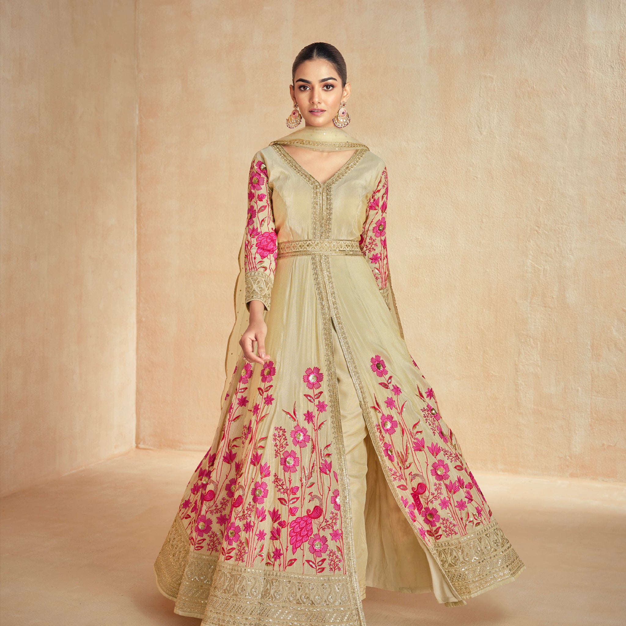 Olive Green and Pink Floral Embroidered Premium Silk Anarkali Set