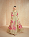 Olive Green and Pink Floral Embroidered Premium Silk Anarkali Set