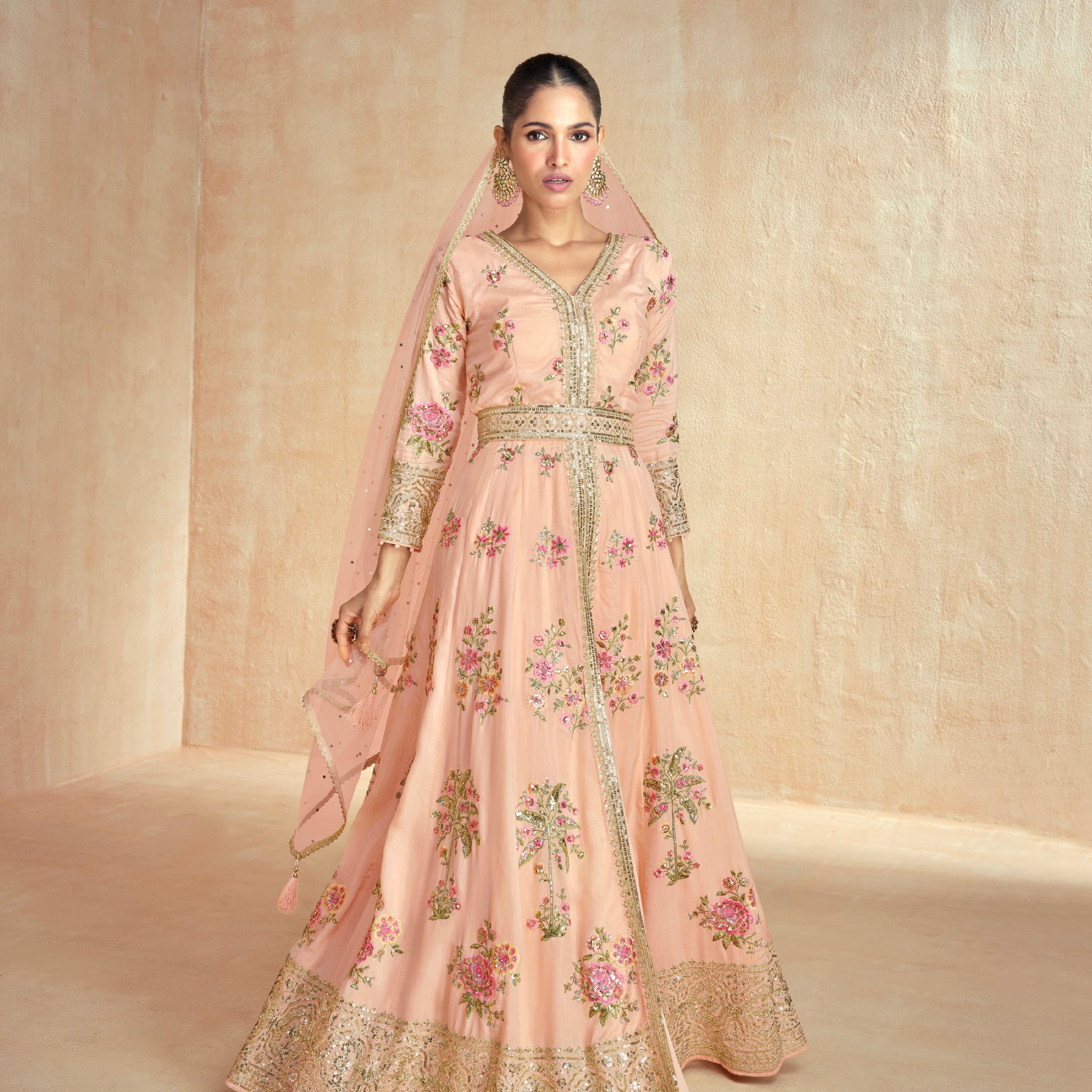 Peach Premium Silk Floral Embroidered Anarkali Set with Net Dupatta