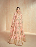 Peach Premium Silk Floral Embroidered Anarkali Set with Net Dupatta