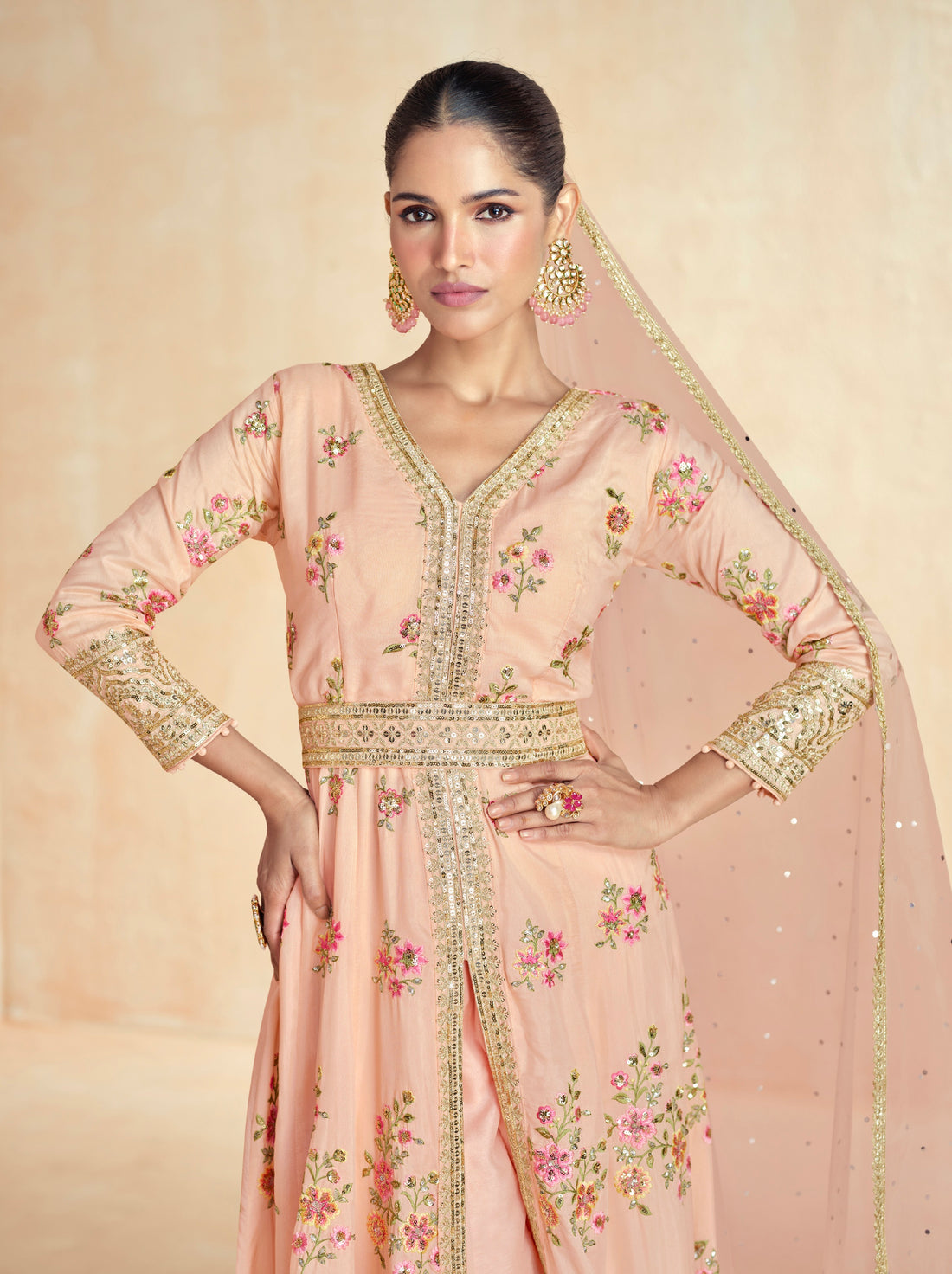 Peach Premium Silk Floral Embroidered Anarkali Set with Net Dupatta