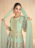 Mint Green Floral Embroidered Premium Silk Anarkali Set & Net Dupatta