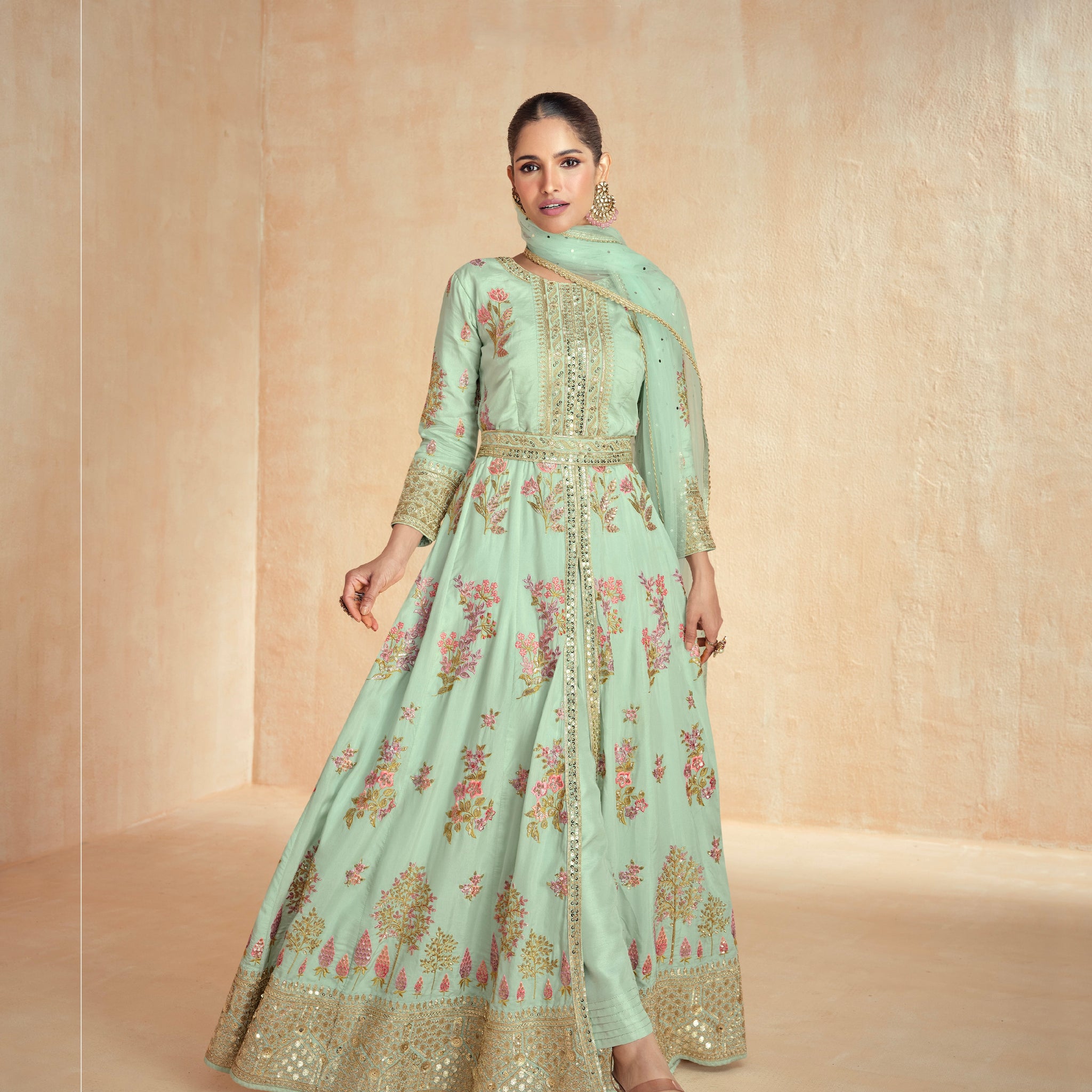 Mint Green Floral Embroidered Premium Silk Anarkali Set & Net Dupatta