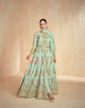 Mint Green Floral Embroidered Premium Silk Anarkali Set & Net Dupatta