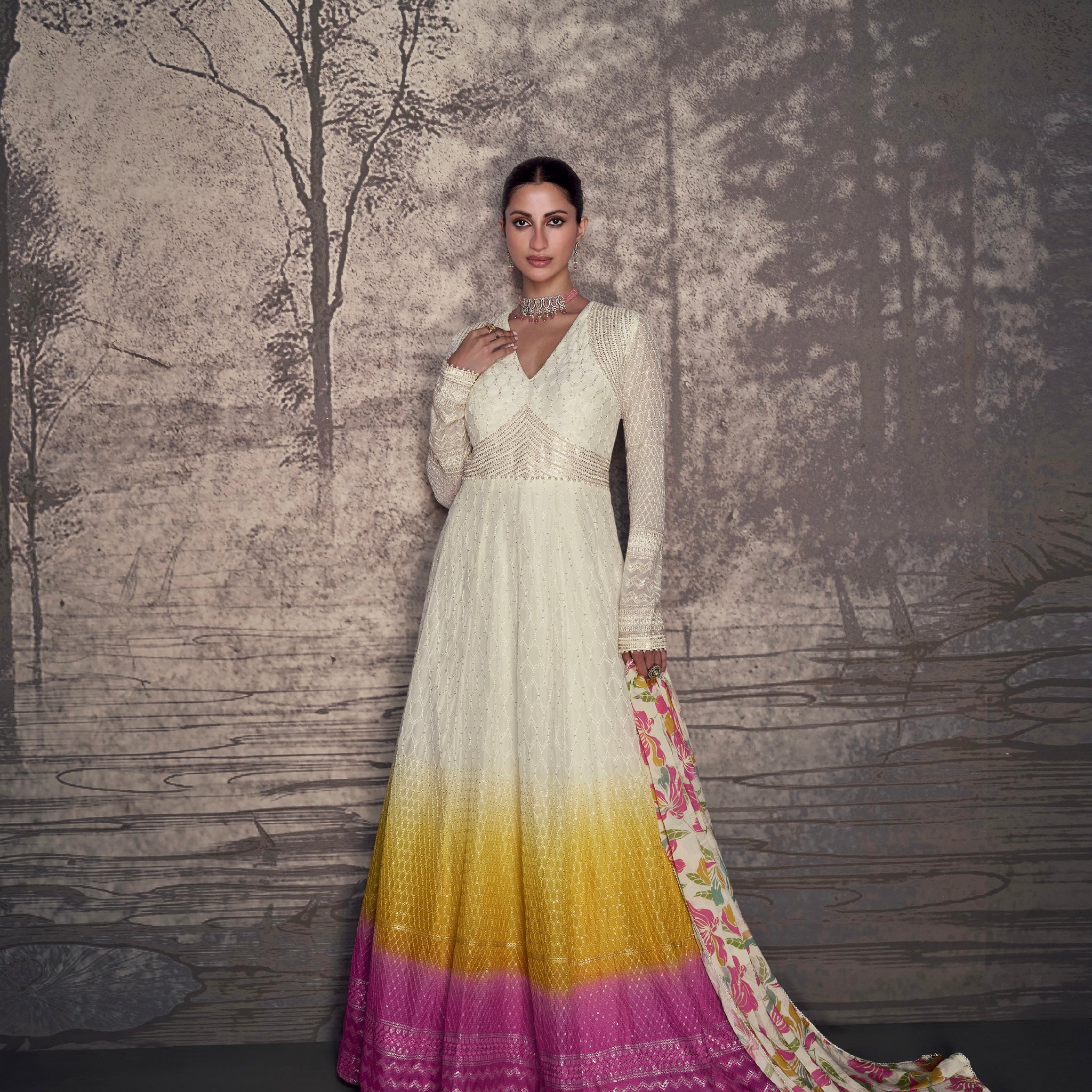 Multicolor Ombre Georgette Lucknowi Embroidery Anarkali & Dupatta