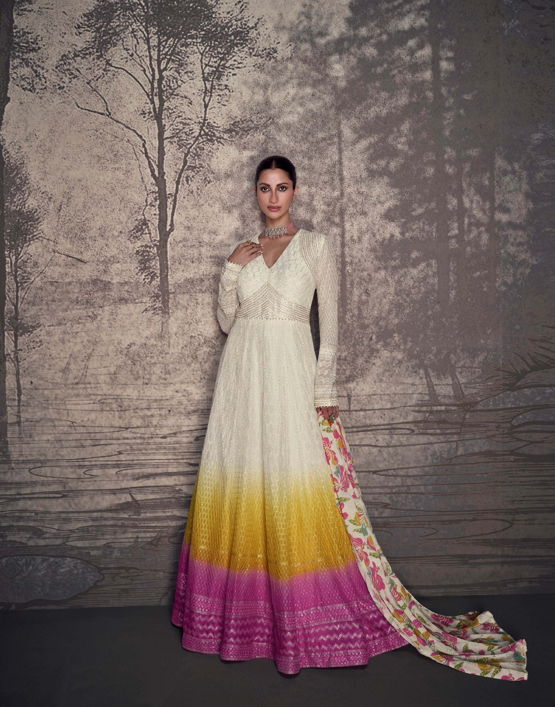 Multicolor Ombre Georgette Lucknowi Embroidery Anarkali & Dupatta