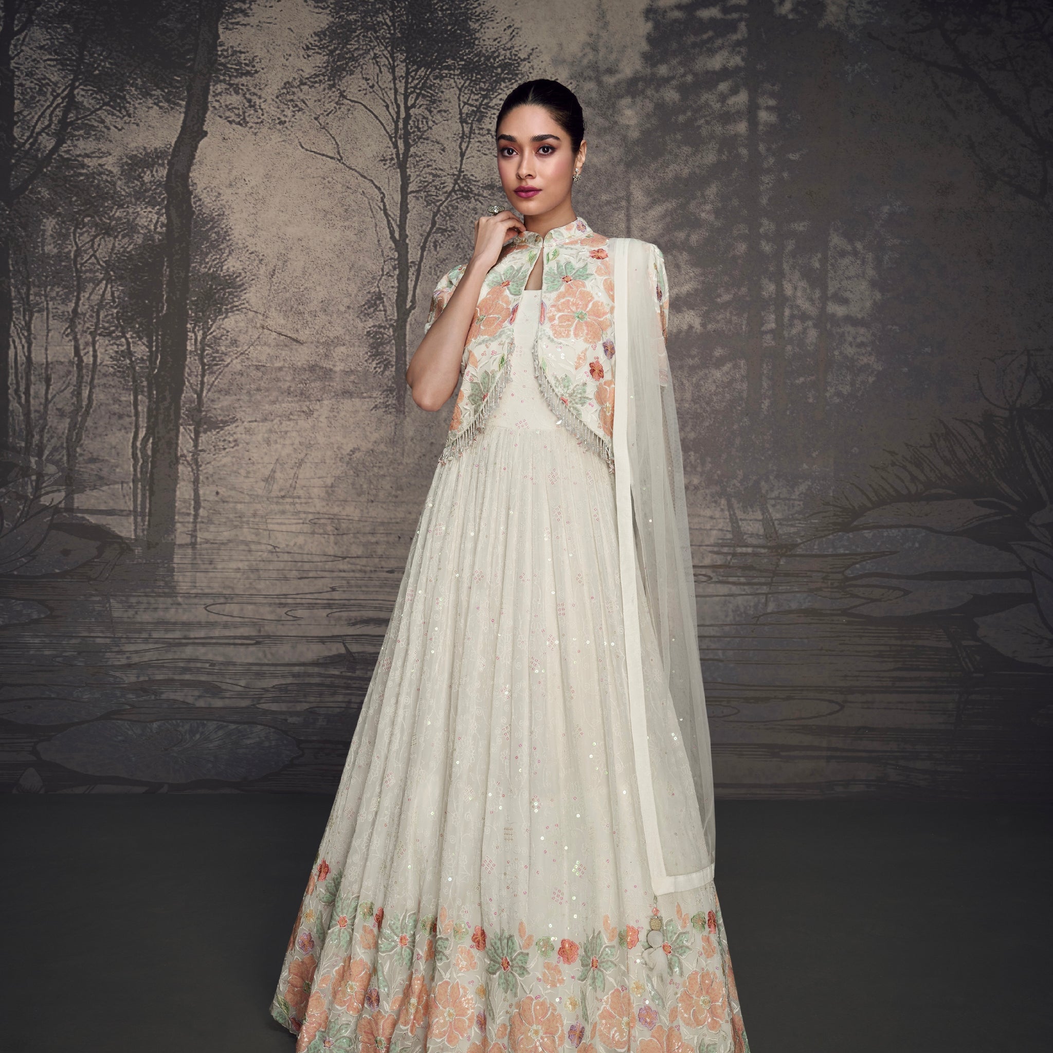 Ivory Floral Embroidered Lucknowi Georgette Anarkali & Organza Dupatta