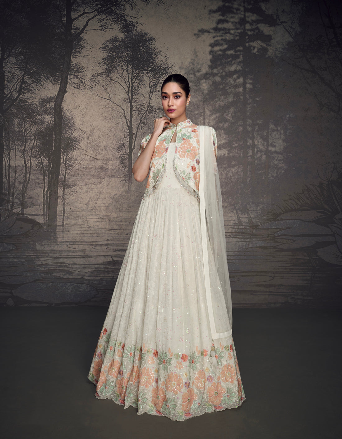 Ivory Floral Embroidered Lucknowi Georgette Anarkali & Organza Dupatta